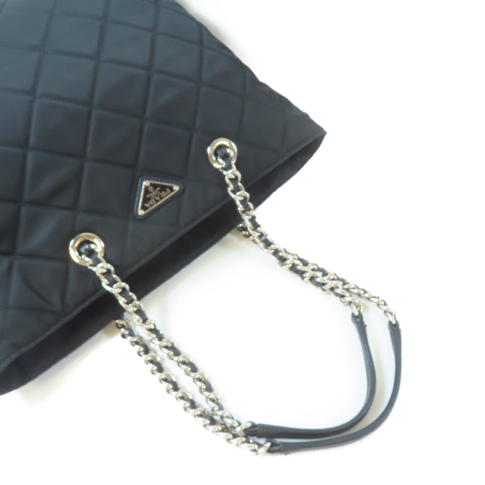 PRADA 尼龍Tote Bag銀扣鏈帶肩背袋黑色