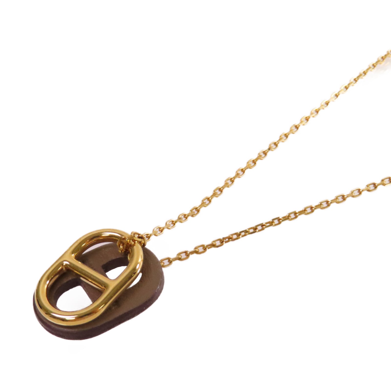 HERMES 金屬/Swift皮革Chaine D'Ancre Necklace項鏈金色/大象灰色