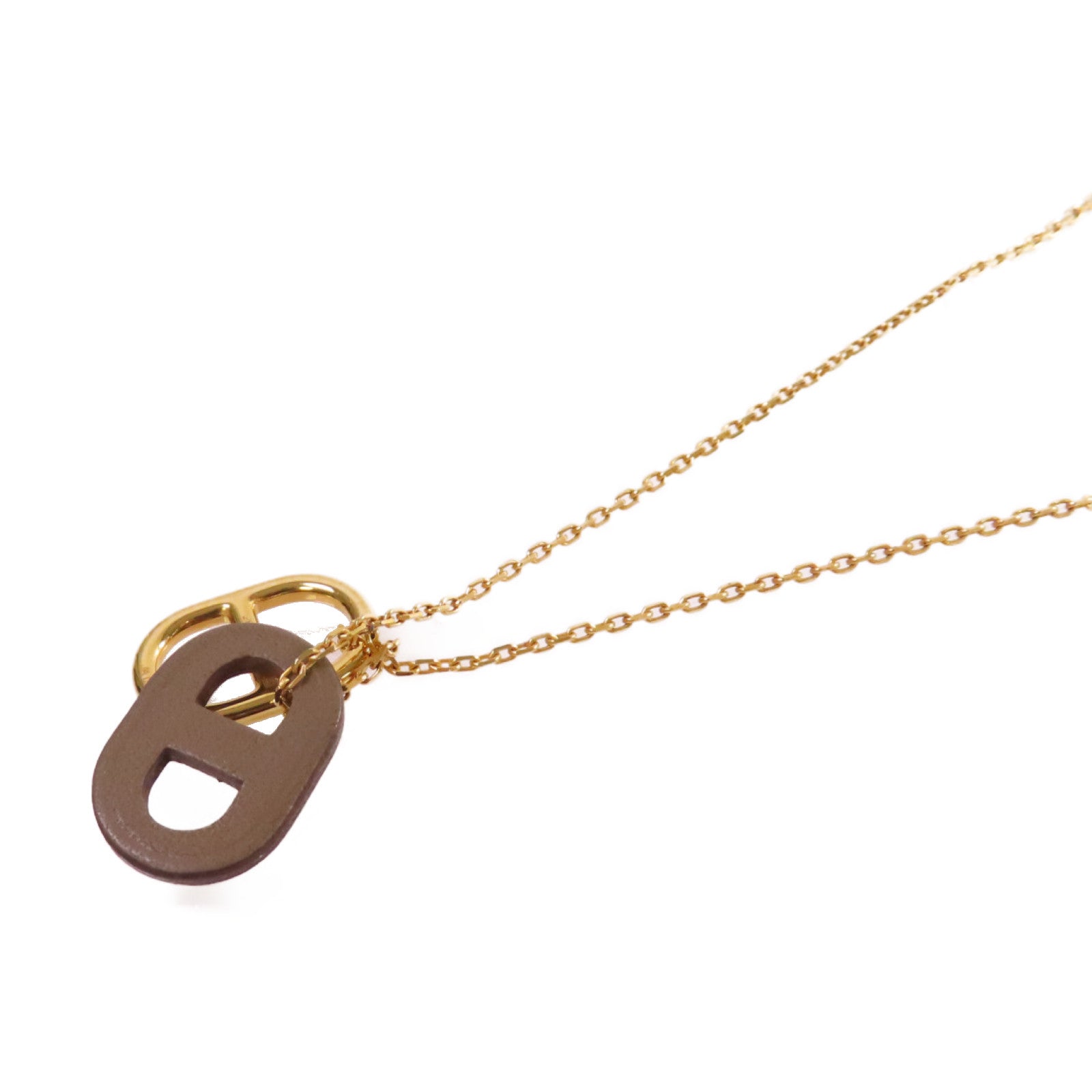 HERMES 金屬/Swift皮革Chaine D'Ancre Necklace項鏈金色/大象灰色