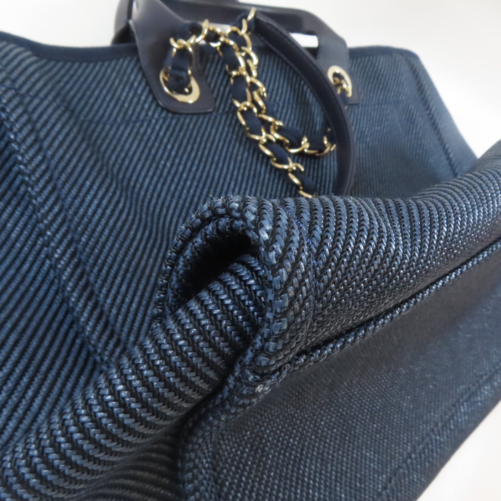 CHANEL 【激減優惠】帆布Deauville Tote 2 Way Chain Shoulder Bag金扣鏈帶手挽肩背兩用袋深藍色