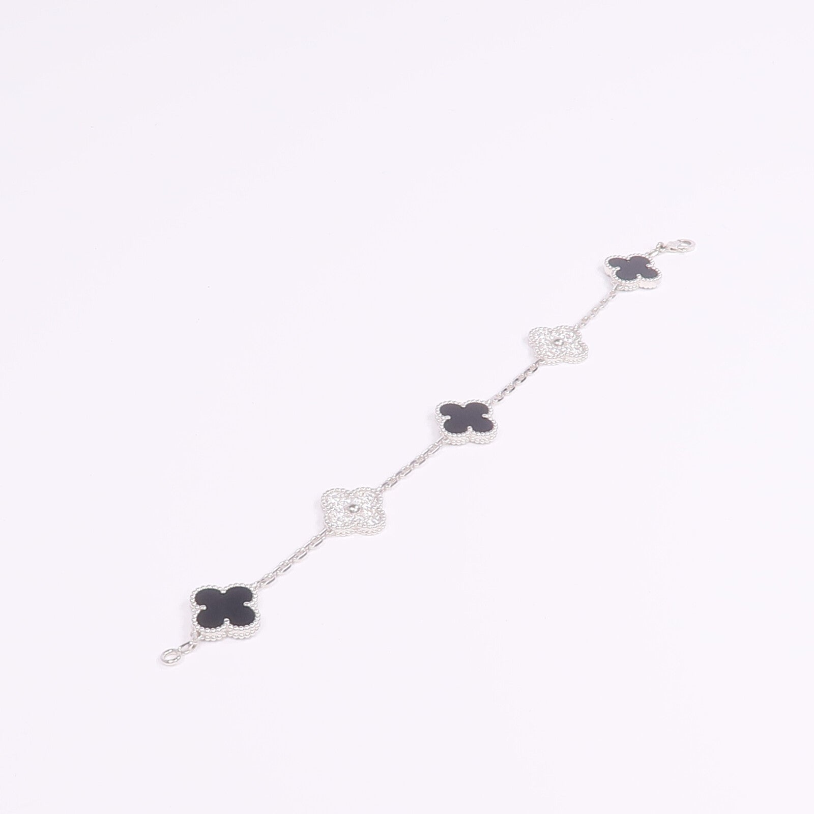 Van Cleef & Arpels 18K白金Vintage Alhambra Bracelet 5 Motifs縞瑪瑙/鑽石手鏈