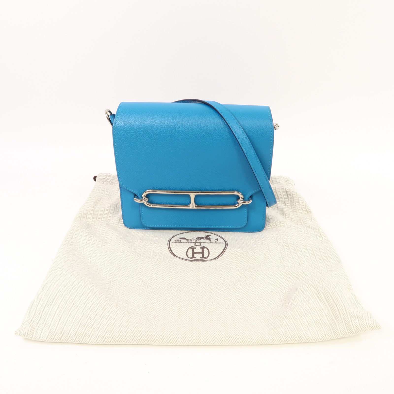 HERMES 【激減優惠】Evercolor皮革Mini Roulis銀扣肩背袋弗里達藍色/烏木色