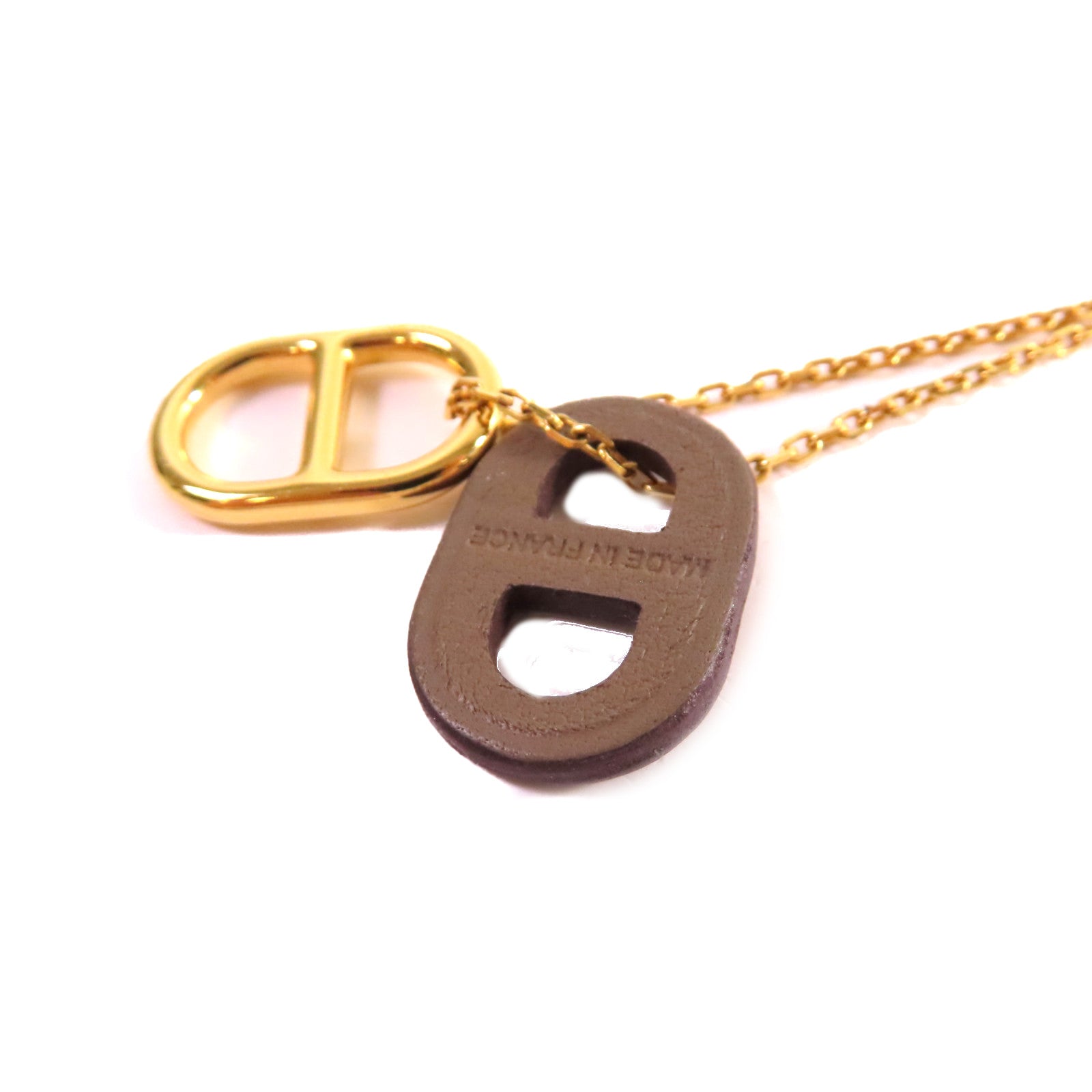 HERMES 金屬/Swift皮革Chaine D'Ancre Necklace項鏈金色/大象灰色
