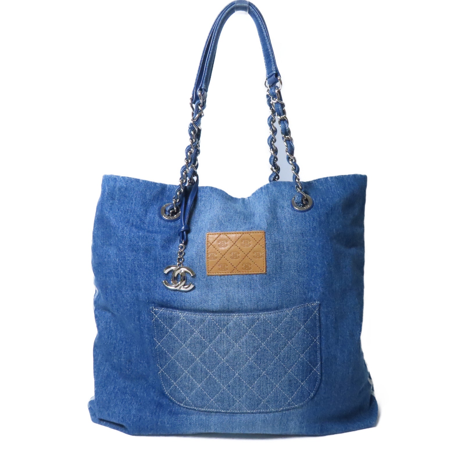 CHANEL 【激減優惠】牛仔布Tote Bag銀扣鏈帶手挽袋藍色