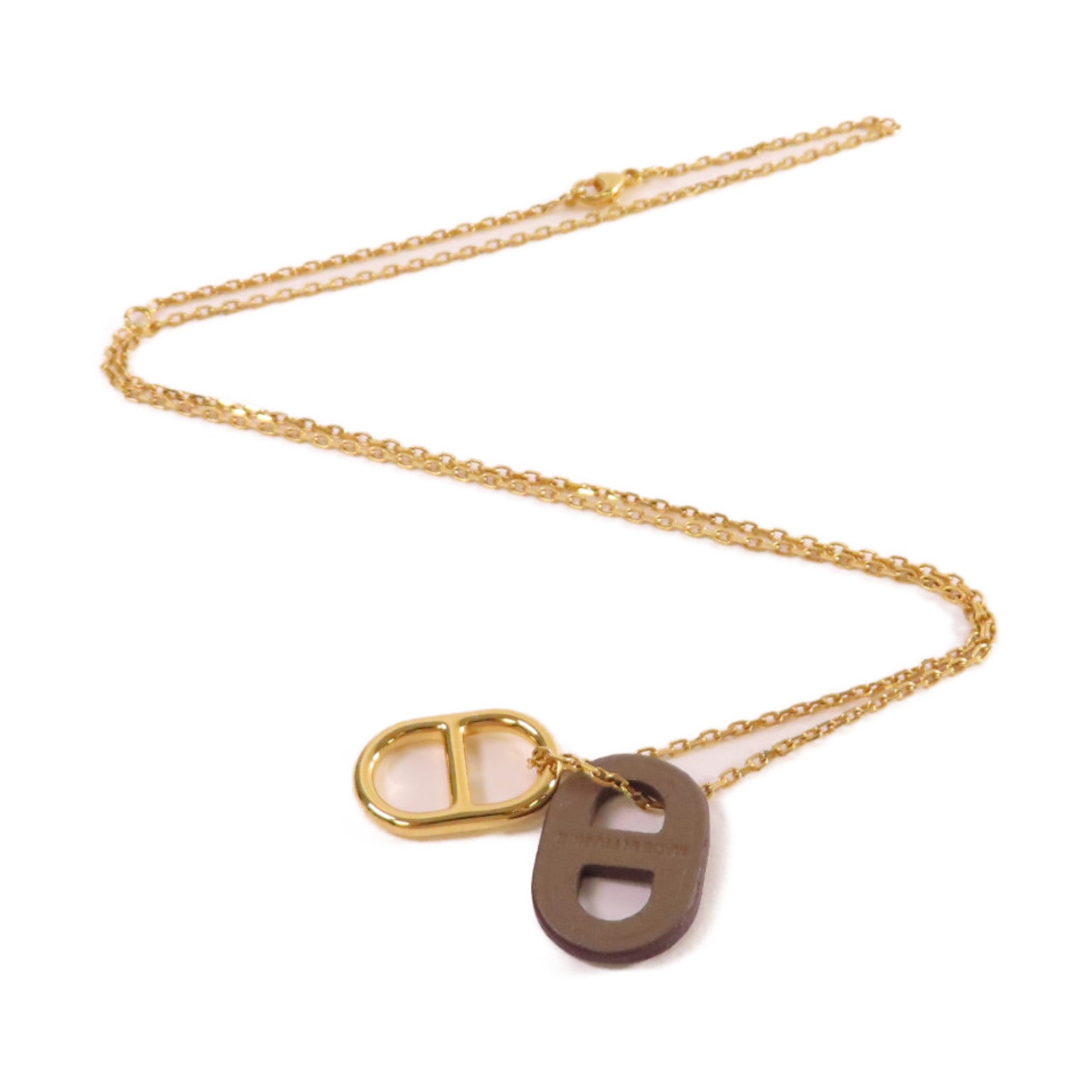 HERMES 金屬/Swift皮革Chaine D'Ancre Necklace項鏈金色/大象灰色