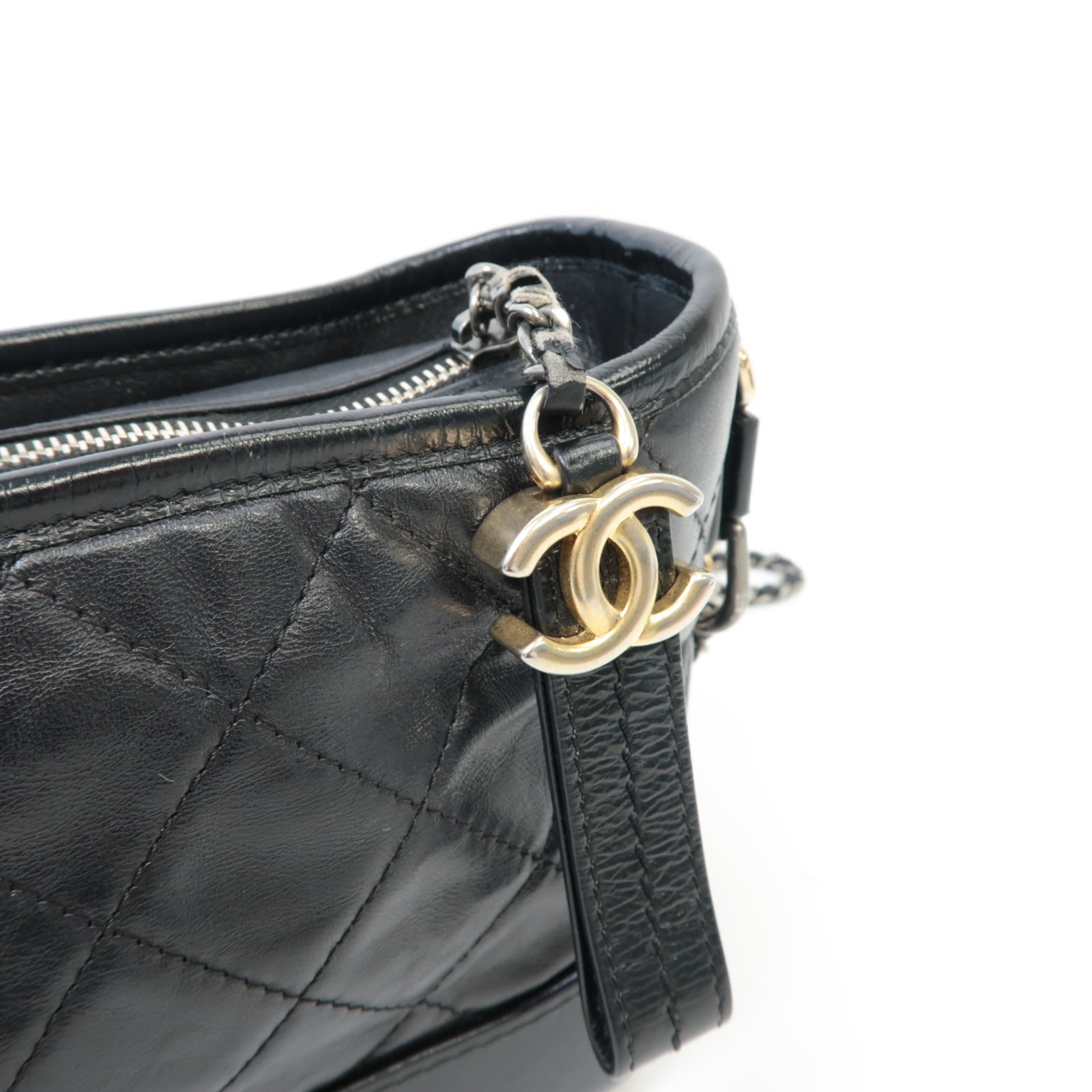CHANEL 【激減優惠】菱格牛皮皮革Gabrielle金扣/銀扣鏈帶肩背袋黑色