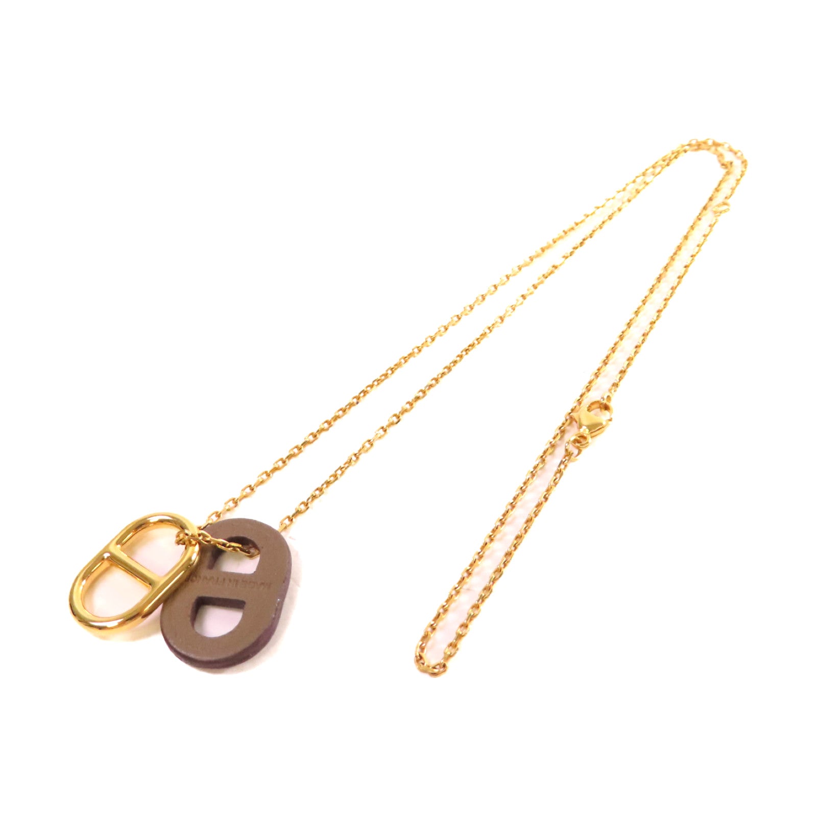 HERMES 金屬/Swift皮革Chaine D'Ancre Necklace項鏈金色/大象灰色