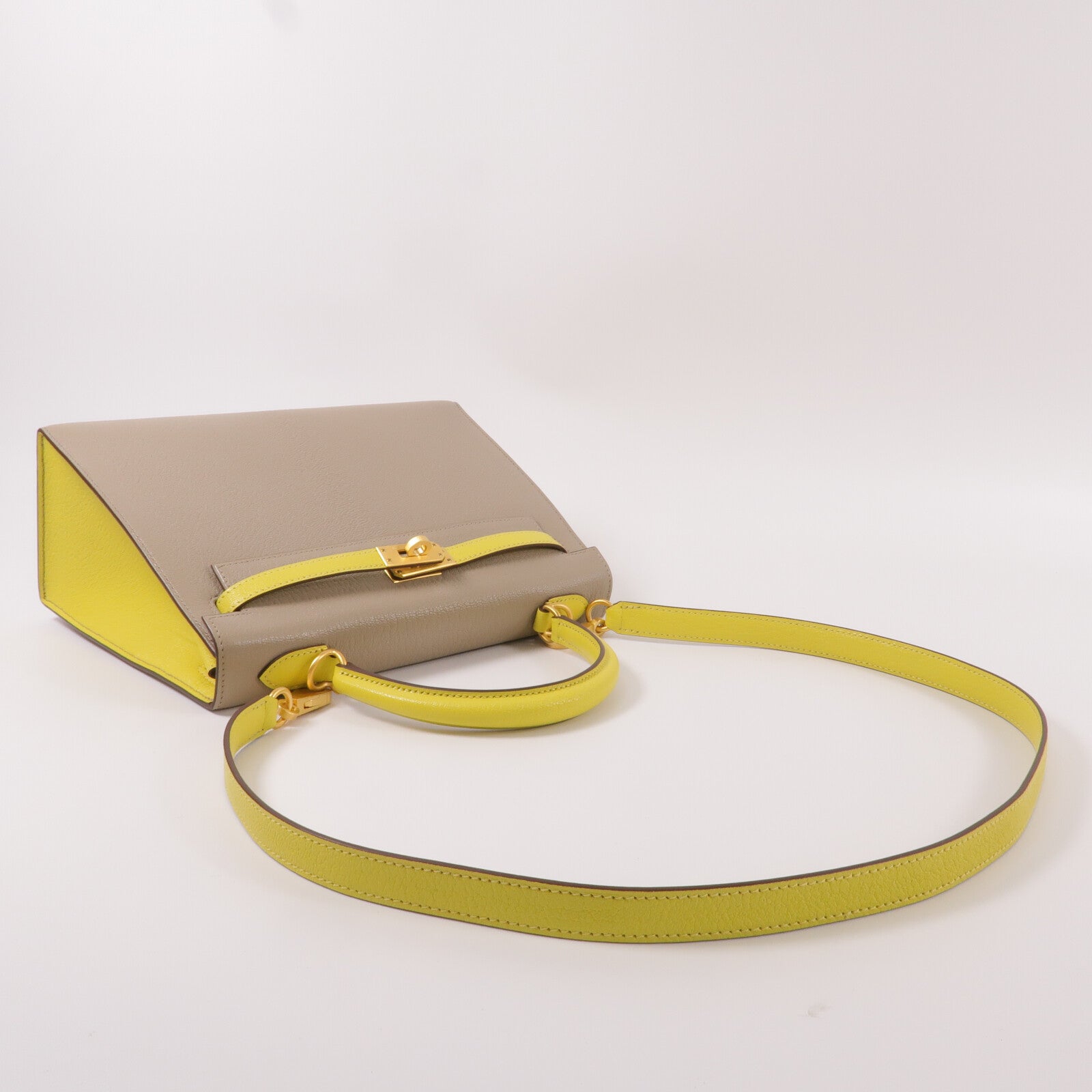 HERMES Chevre皮革Kelly 25手挽肩背兩用袋Gris Asphalte/Lime