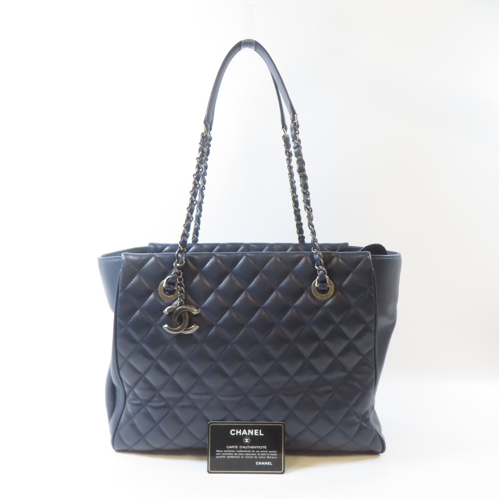 CHANEL 【激減優惠】菱格牛皮皮革Tote Bag黑扣鏈帶肩背袋深藍色