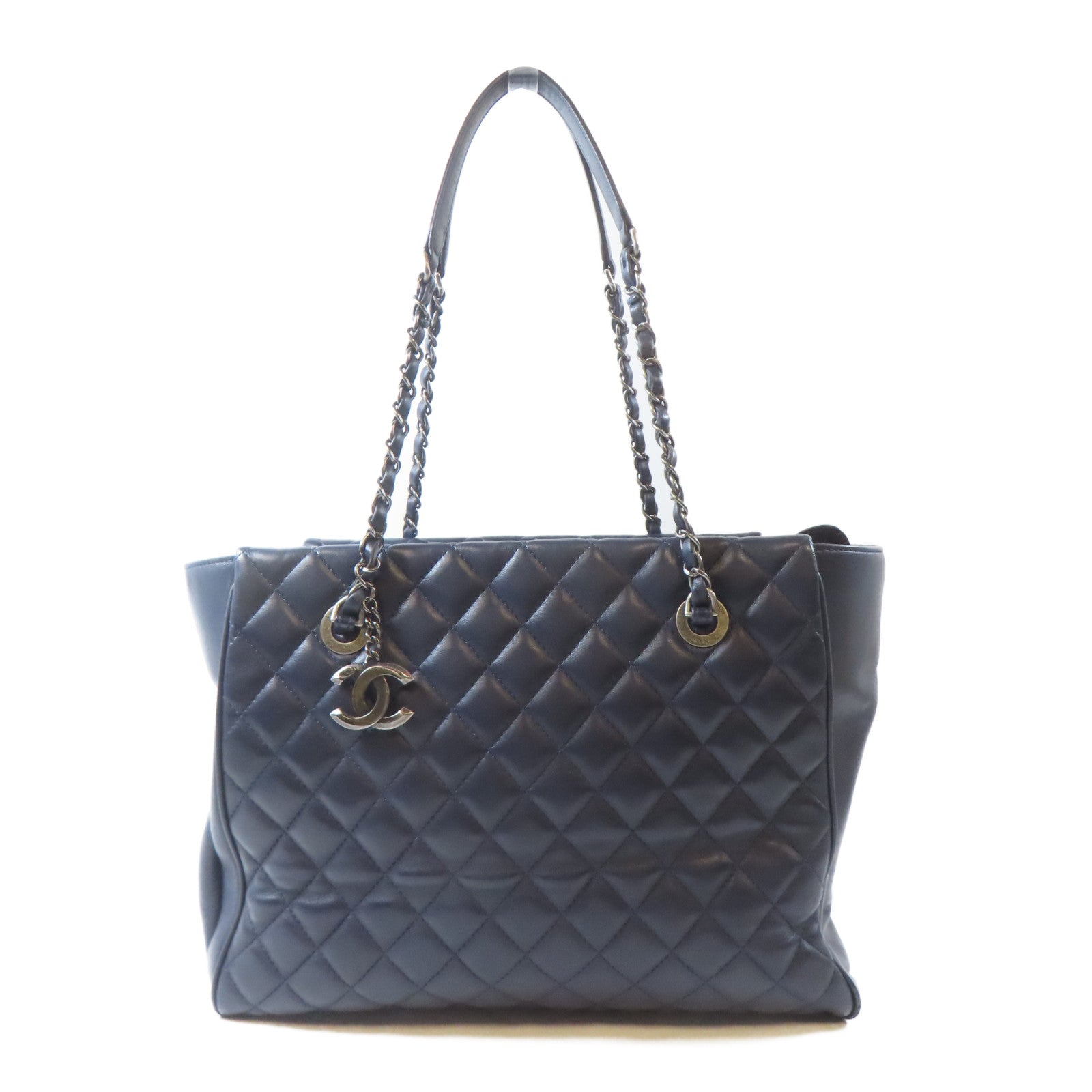 CHANEL 【激減優惠】菱格牛皮皮革Tote Bag黑扣鏈帶肩背袋深藍色