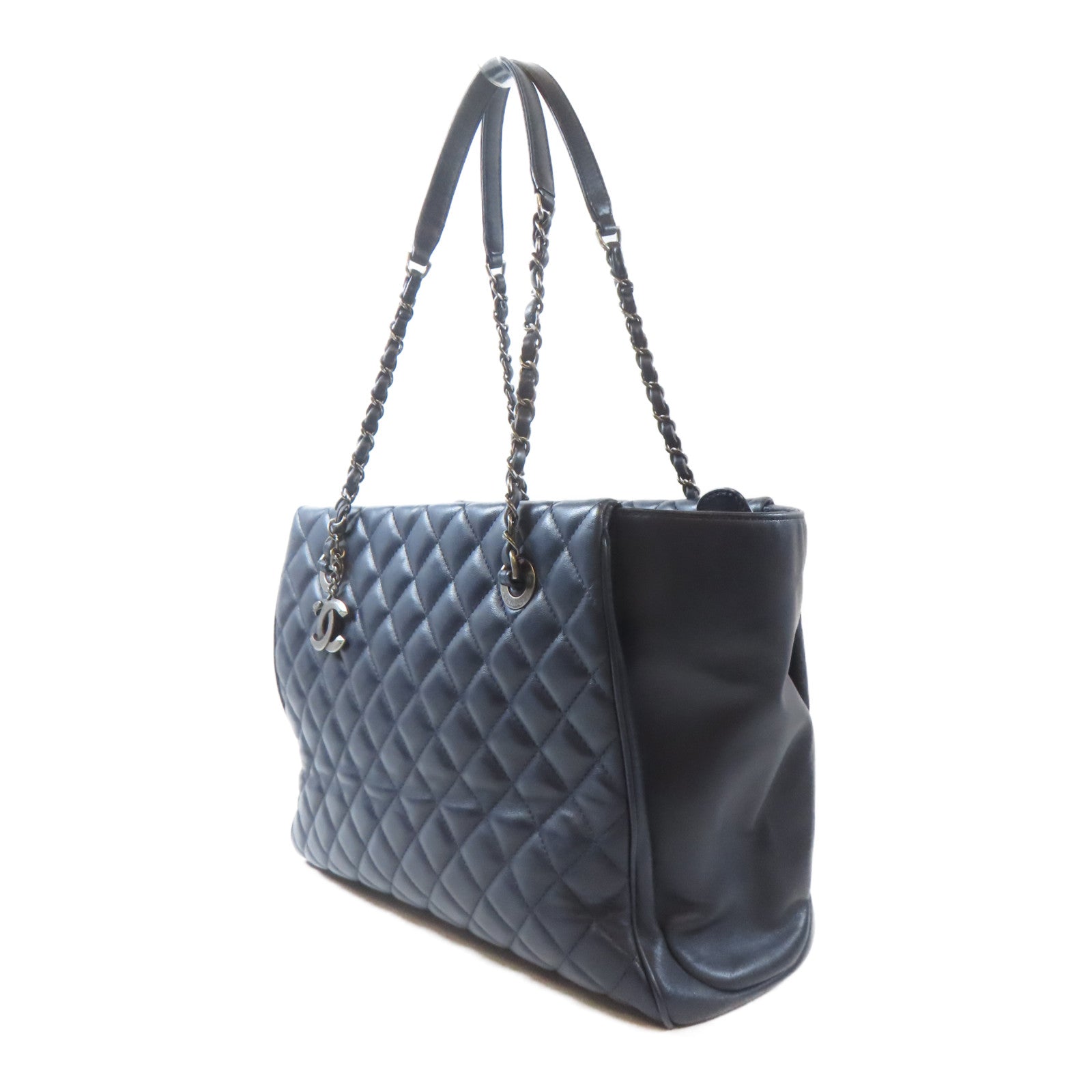 CHANEL 【激減優惠】菱格牛皮皮革Tote Bag黑扣鏈帶肩背袋深藍色