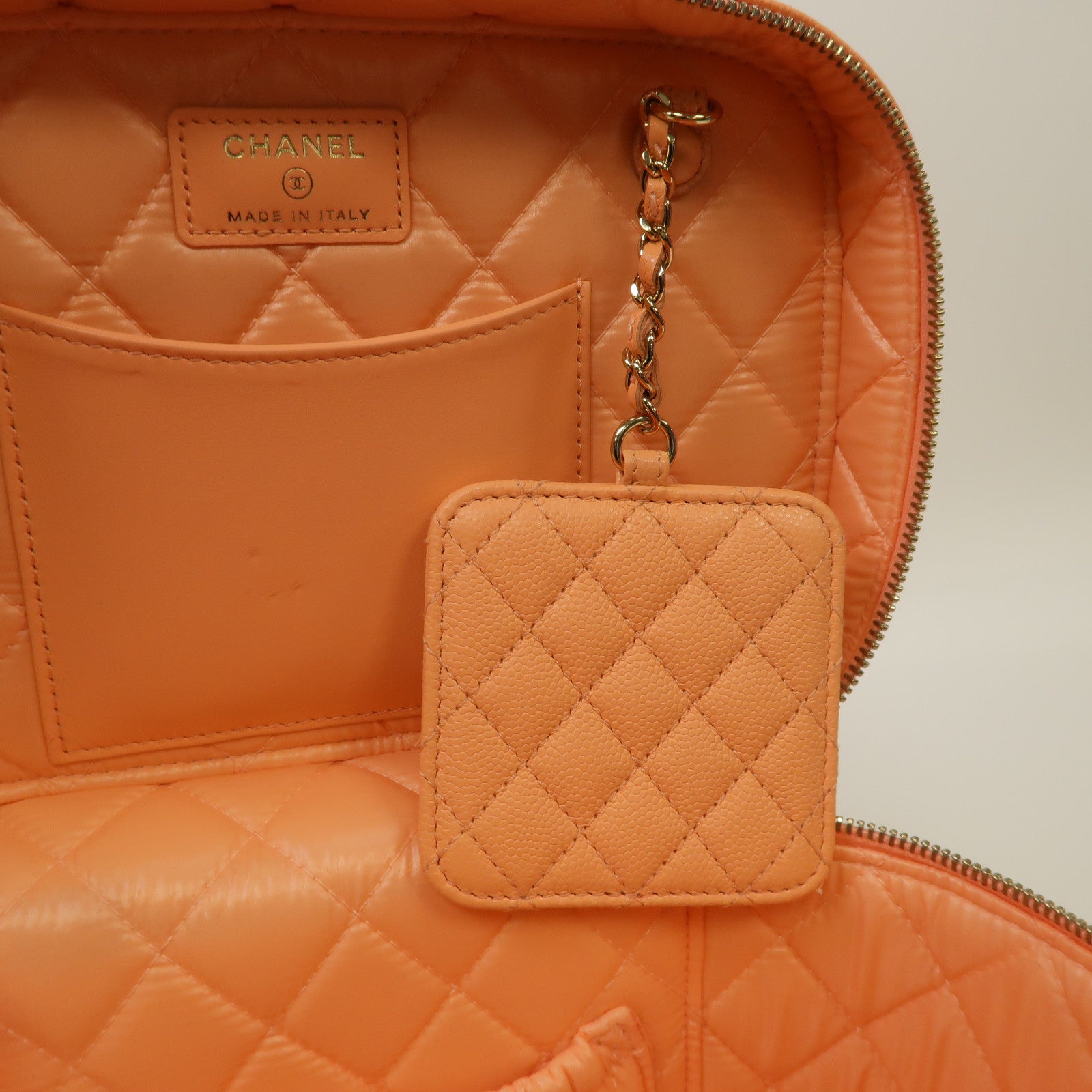 CHANEL 【激減優惠】菱格Caviar皮革Vanity Case銀扣化妝箱手袋橙色