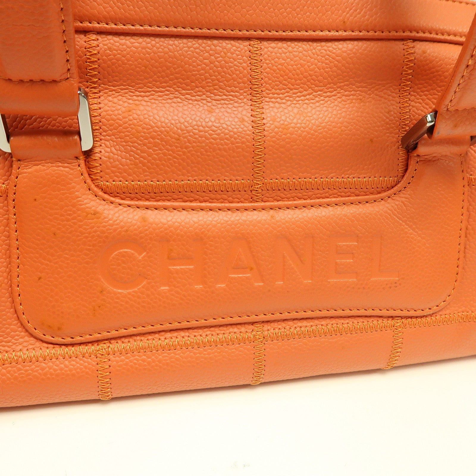 CHANEL 【激減優惠】Caviar皮革Boston Bag銀扣手挽袋橙色