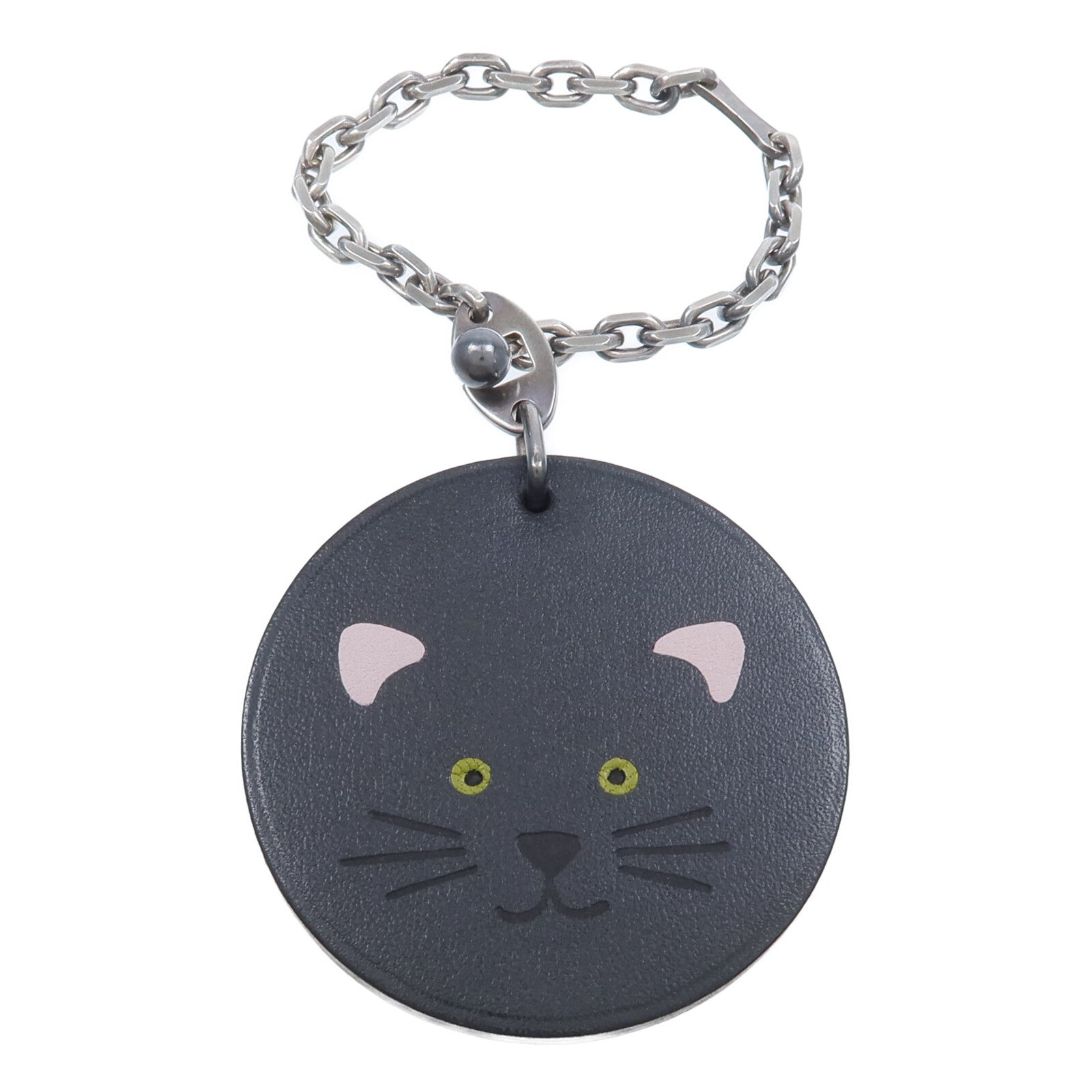 HERMES 925純銀/Barenia皮革Cat Charm掛飾Noir