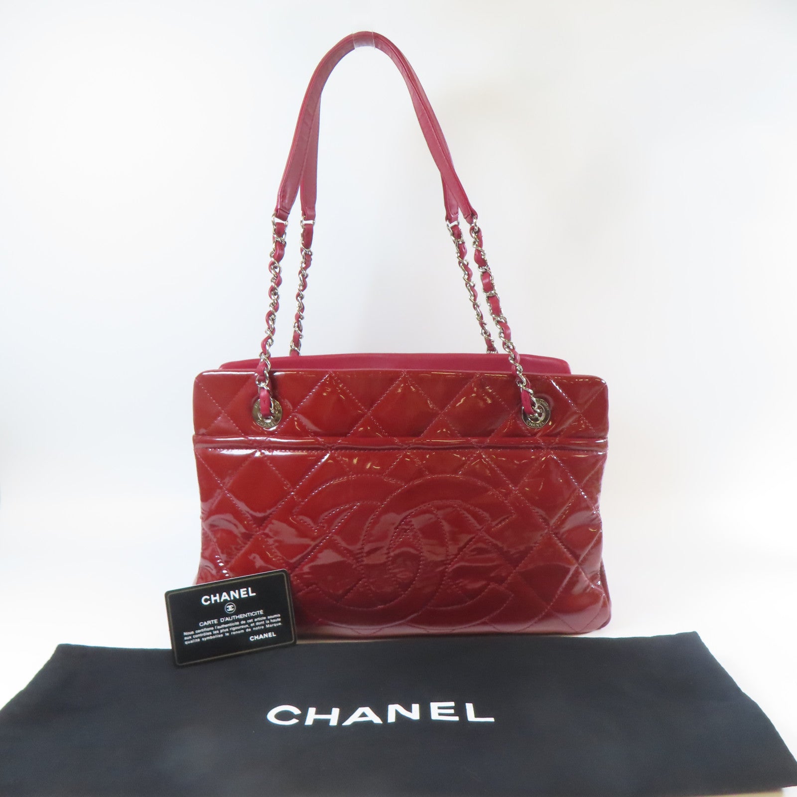 CHANEL 【激減優惠】菱格漆皮皮革Chain Shoulder Tote銀扣鏈帶肩背袋紅色