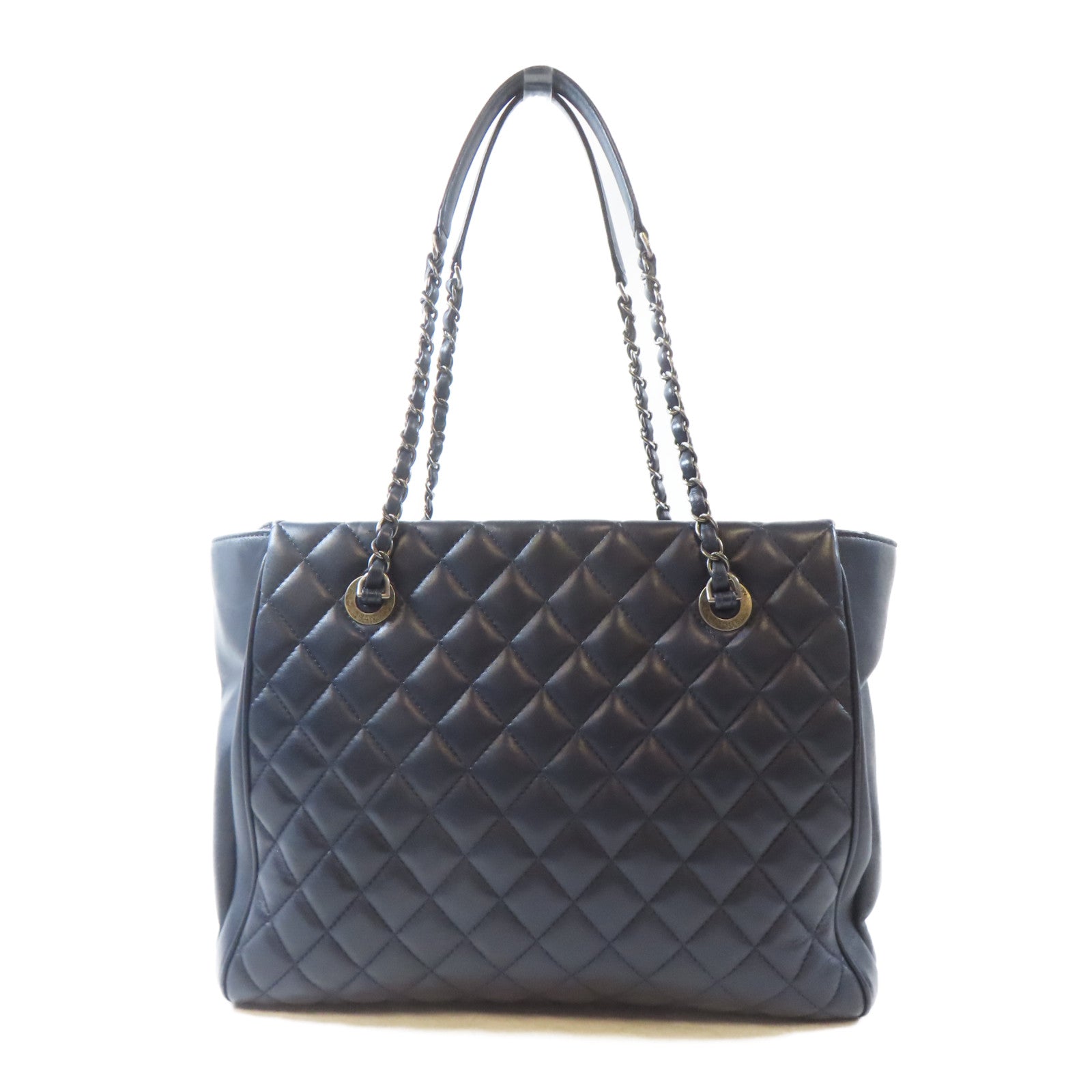 CHANEL 【激減優惠】菱格牛皮皮革Tote Bag黑扣鏈帶肩背袋深藍色