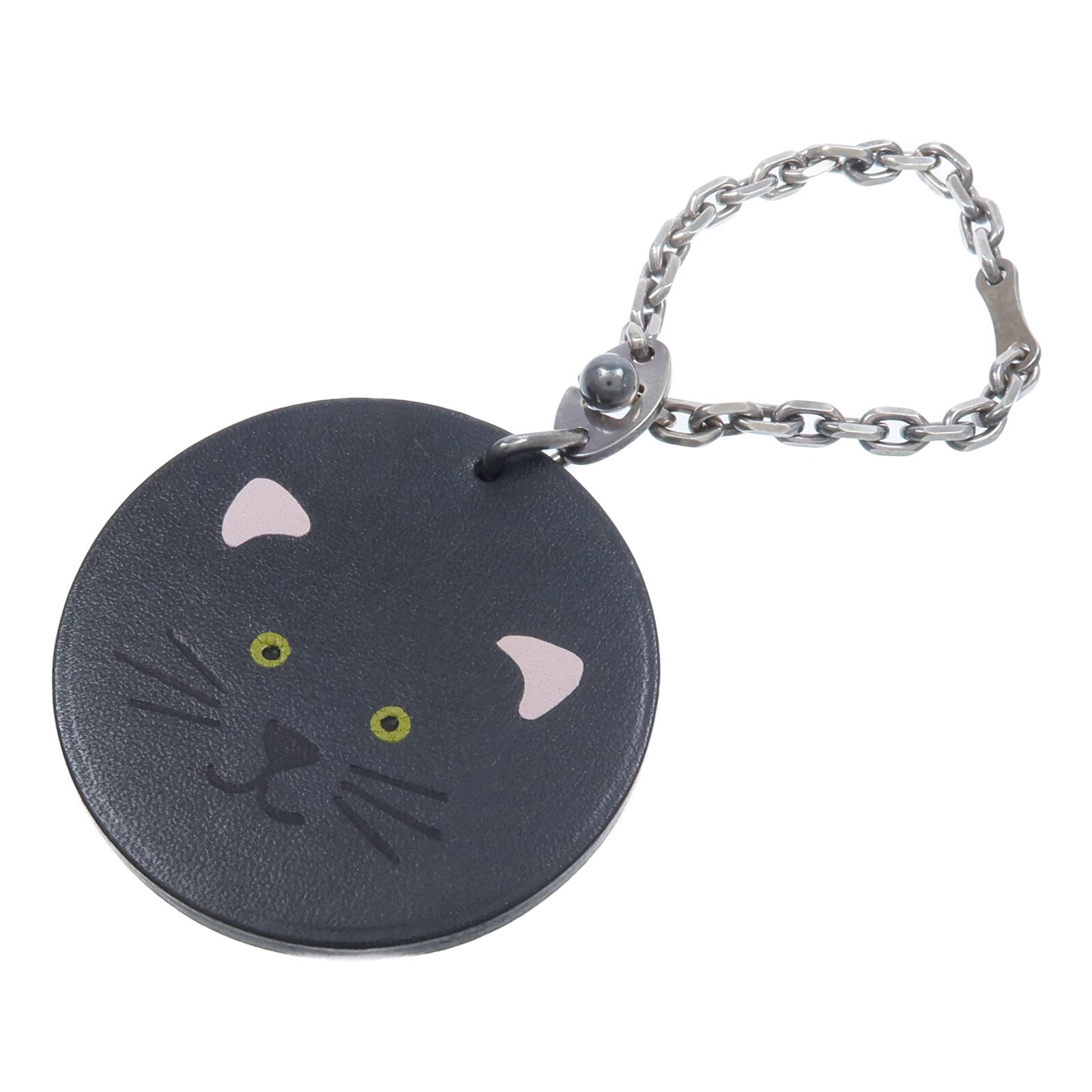 HERMES 925純銀/Barenia皮革Cat Charm掛飾Noir