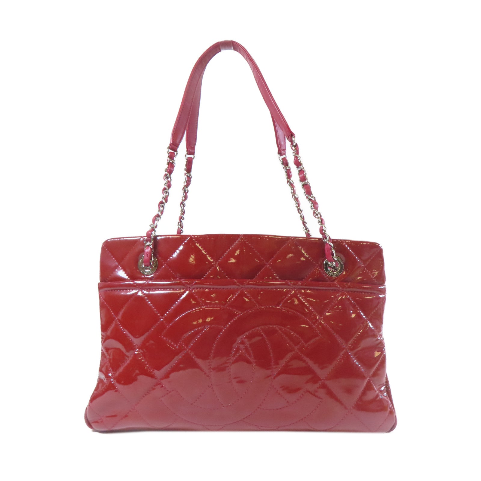 CHANEL 【激減優惠】菱格漆皮皮革Chain Shoulder Tote銀扣鏈帶肩背袋紅色