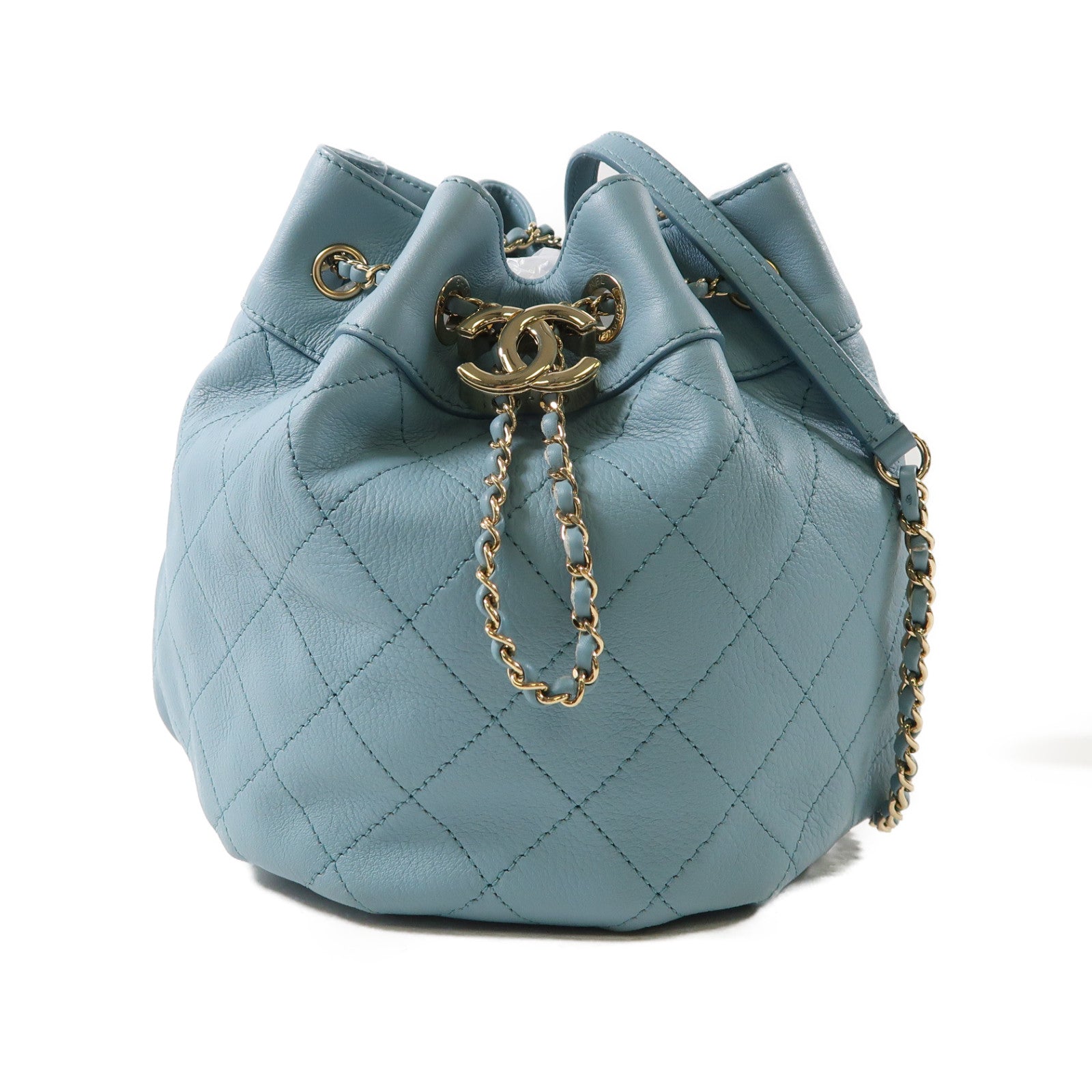 CHANEL 【激減優惠】菱格牛皮皮革Bucket Bag金扣鏈帶肩背袋藍色