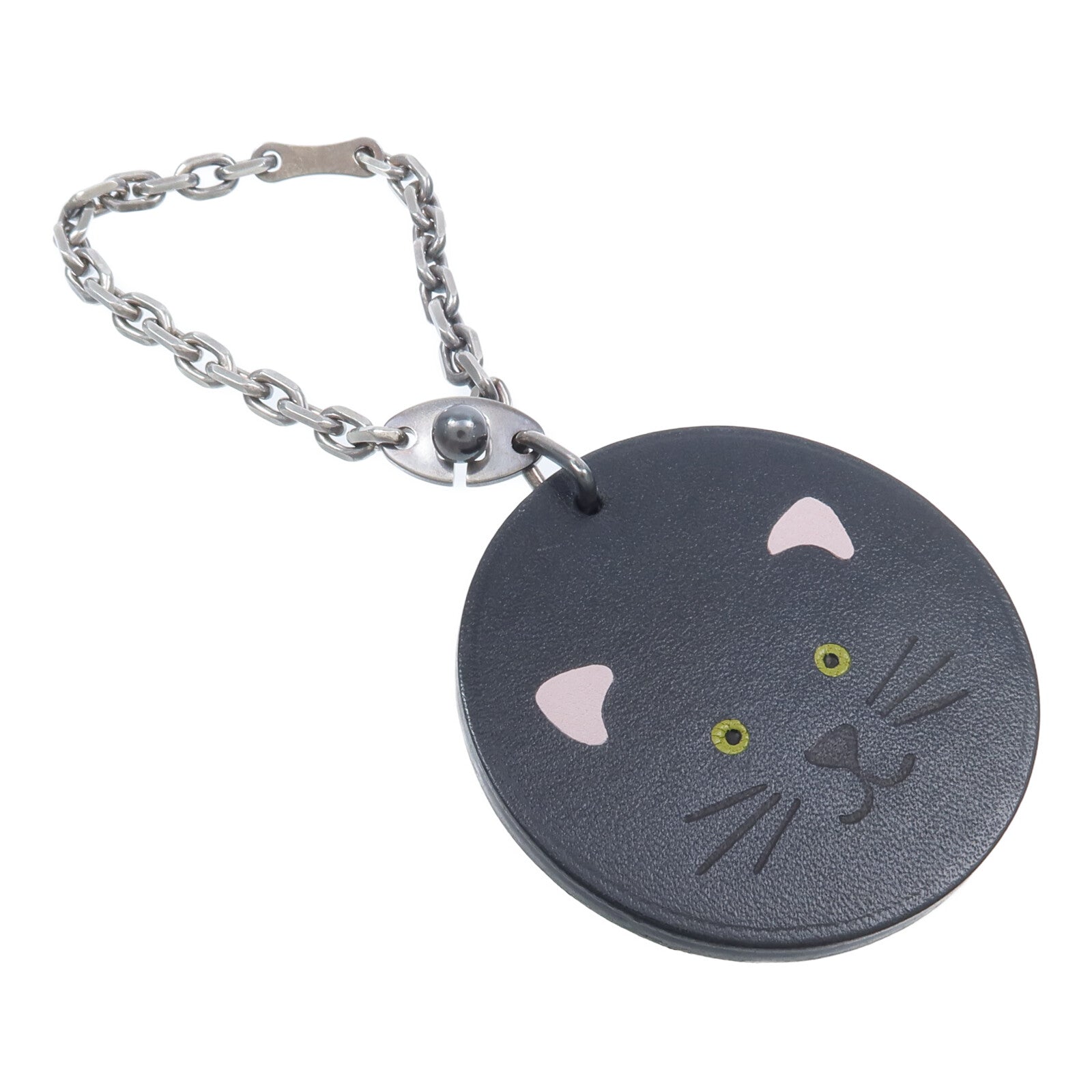HERMES 925純銀/Barenia皮革Cat Charm掛飾Noir