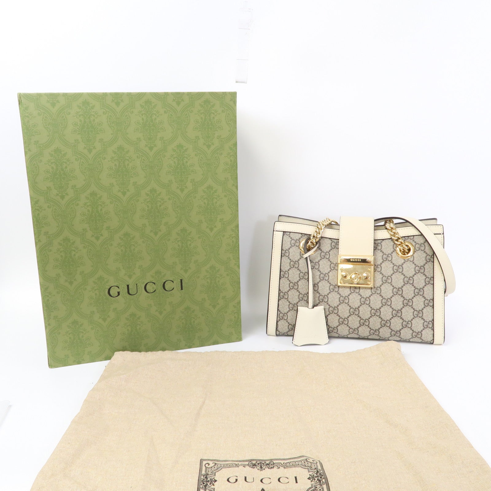 GUCCI 塗層帆布Padlock GG Small金扣鏈帶肩背袋啡色/白色