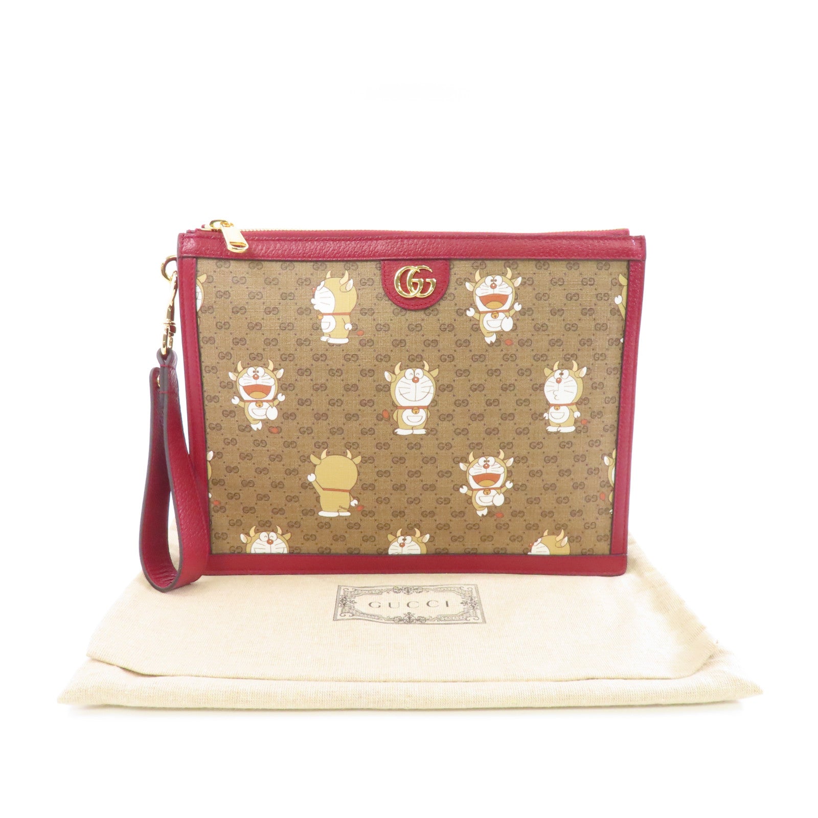 GUCCI 【激減優惠】塗層帆布Gucci x Doraemon Clutch Bag金扣手拿包啡色/紅色