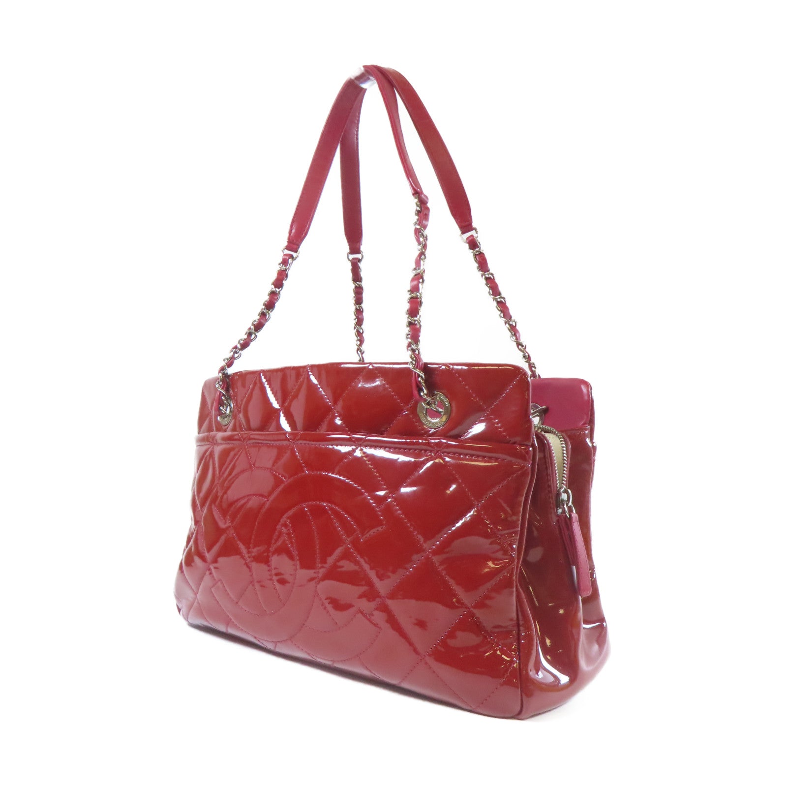 CHANEL 【激減優惠】菱格漆皮皮革Chain Shoulder Tote銀扣鏈帶肩背袋紅色