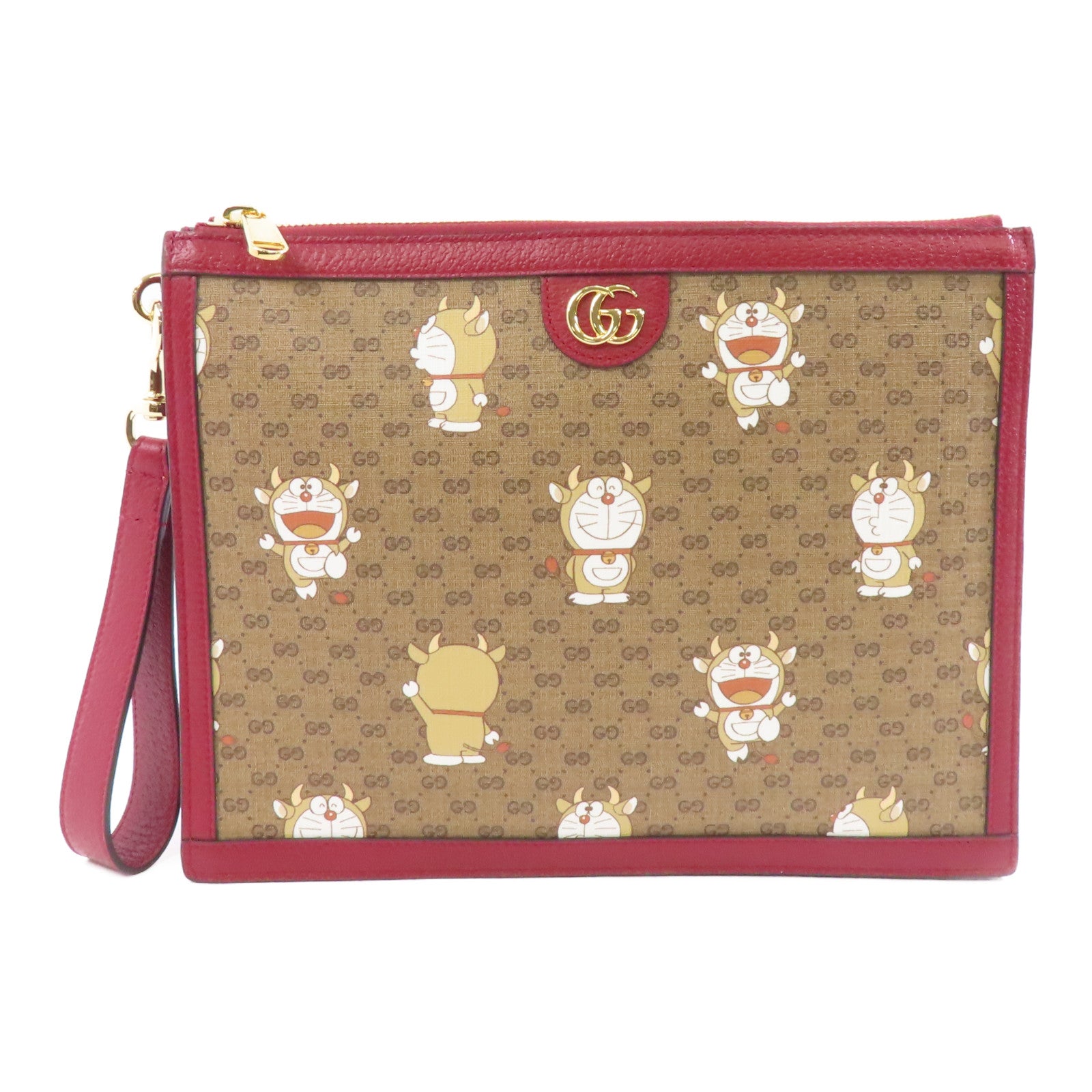 GUCCI 【激減優惠】塗層帆布Gucci x Doraemon Clutch Bag金扣手拿包啡色/紅色