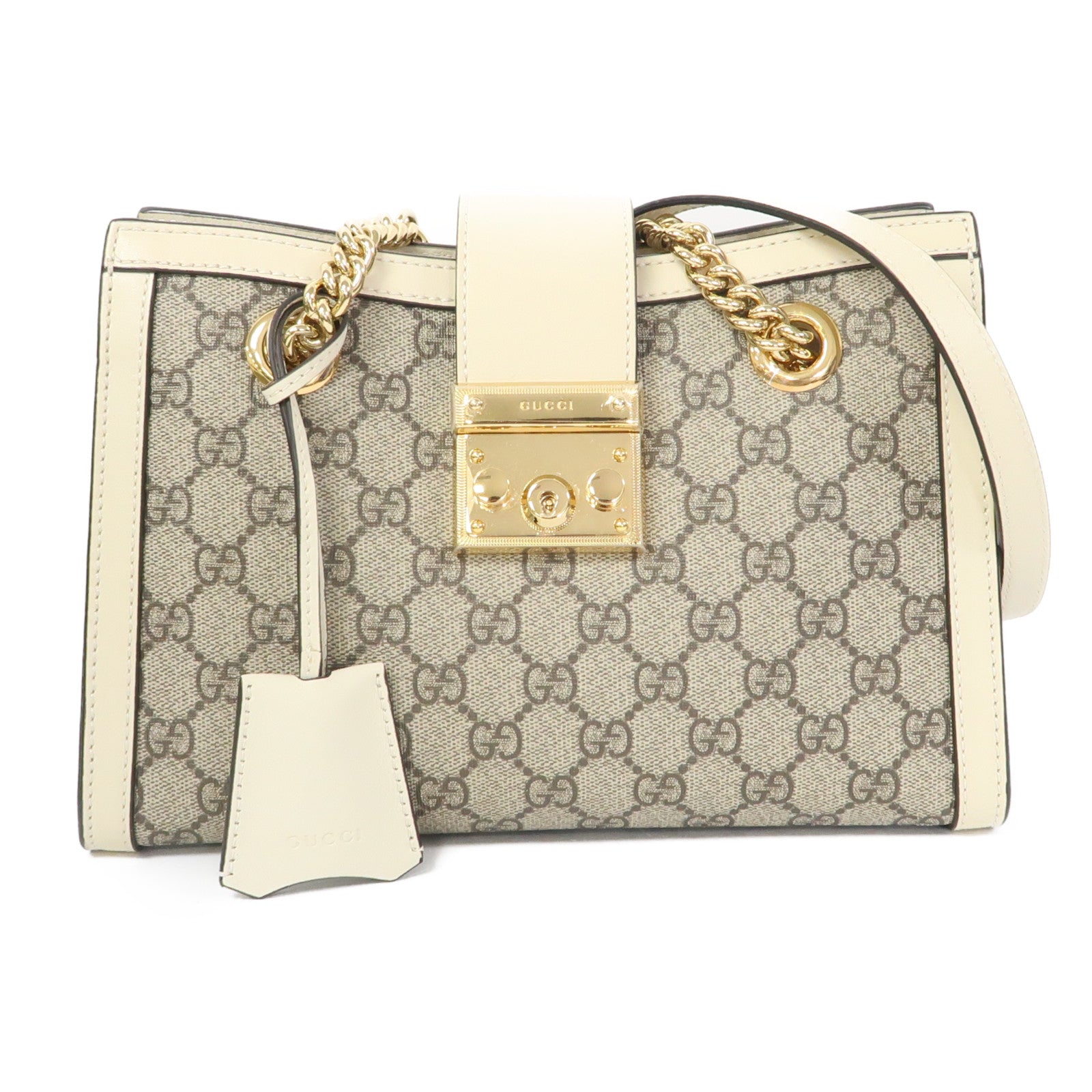GUCCI 塗層帆布Padlock GG Small金扣鏈帶肩背袋啡色/白色