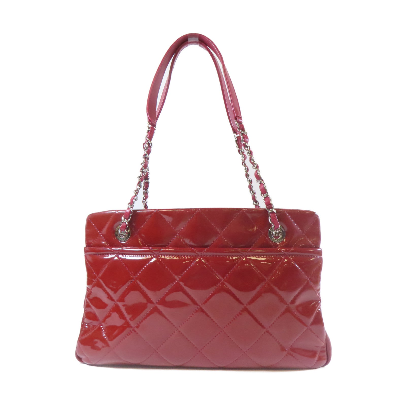 CHANEL 【激減優惠】菱格漆皮皮革Chain Shoulder Tote銀扣鏈帶肩背袋紅色