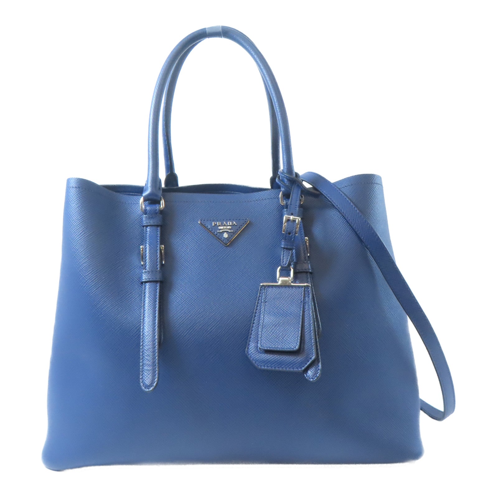 PRADA 【激減優惠】Saffiano皮革Double Shoulder Bag銀扣手挽肩背兩用袋藍色