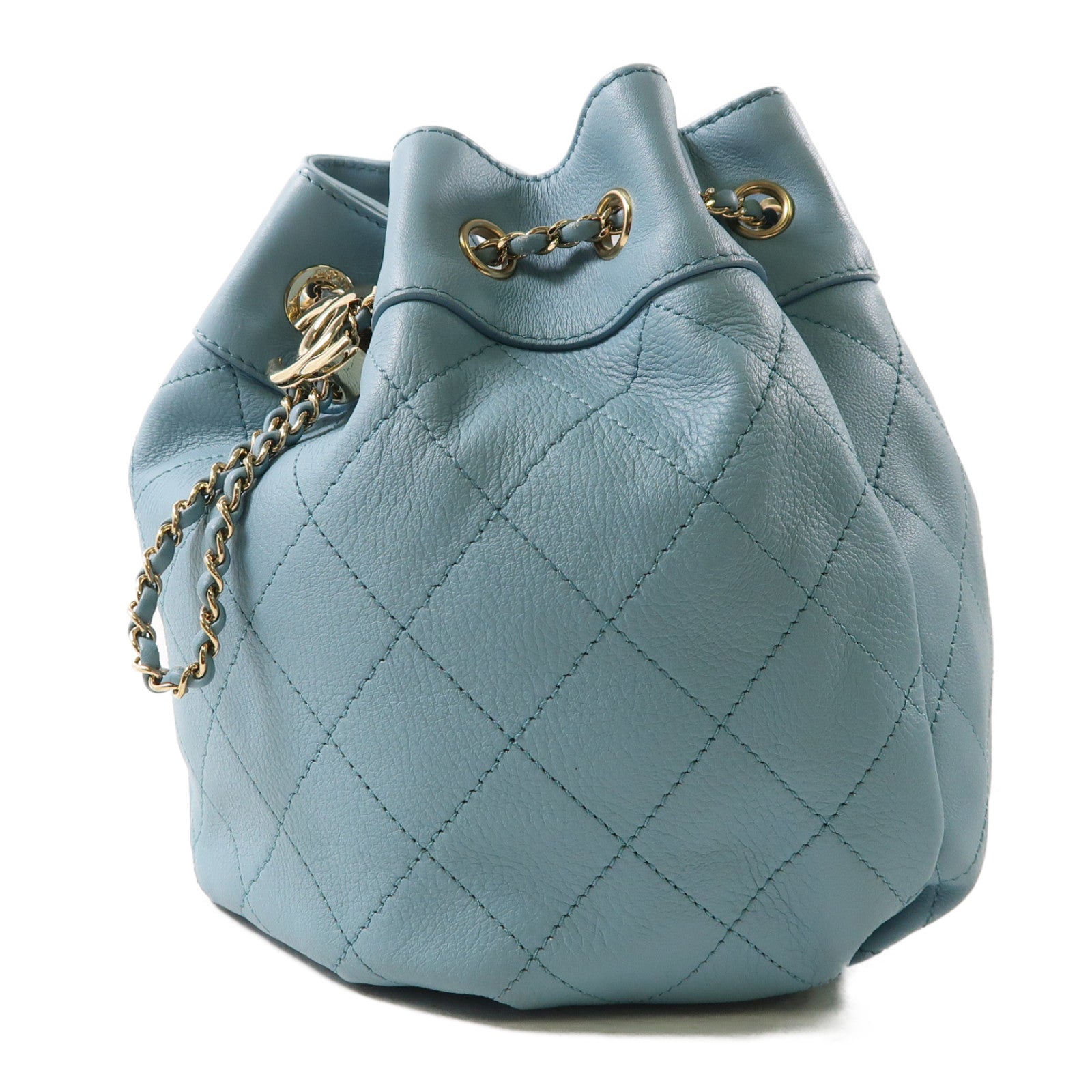 CHANEL 【激減優惠】菱格牛皮皮革Bucket Bag金扣鏈帶肩背袋藍色