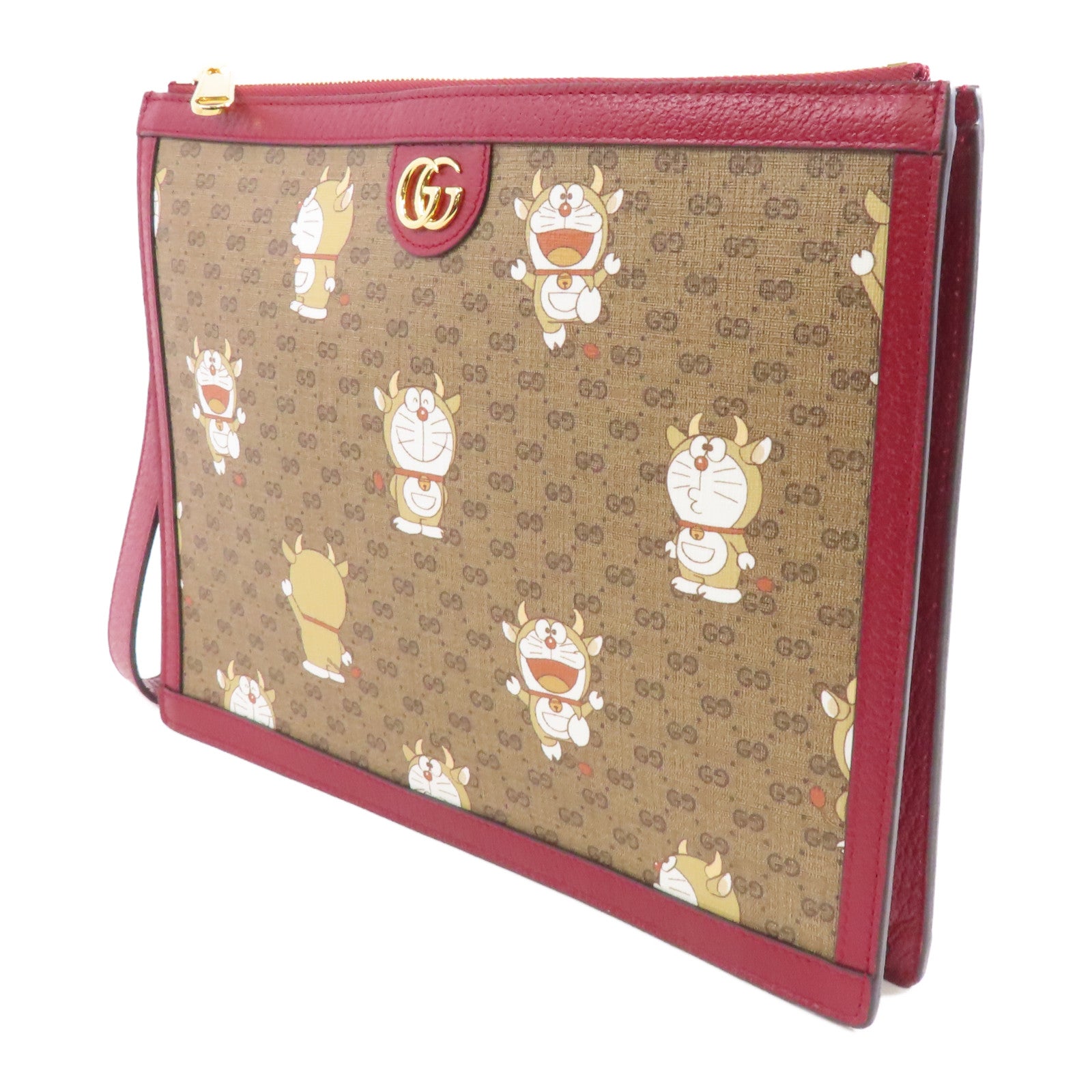 GUCCI 【激減優惠】塗層帆布Gucci x Doraemon Clutch Bag金扣手拿包啡色/紅色