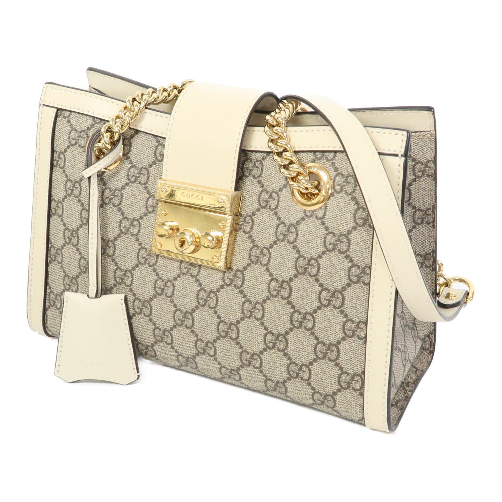 GUCCI 塗層帆布Padlock GG Small金扣鏈帶肩背袋啡色/白色