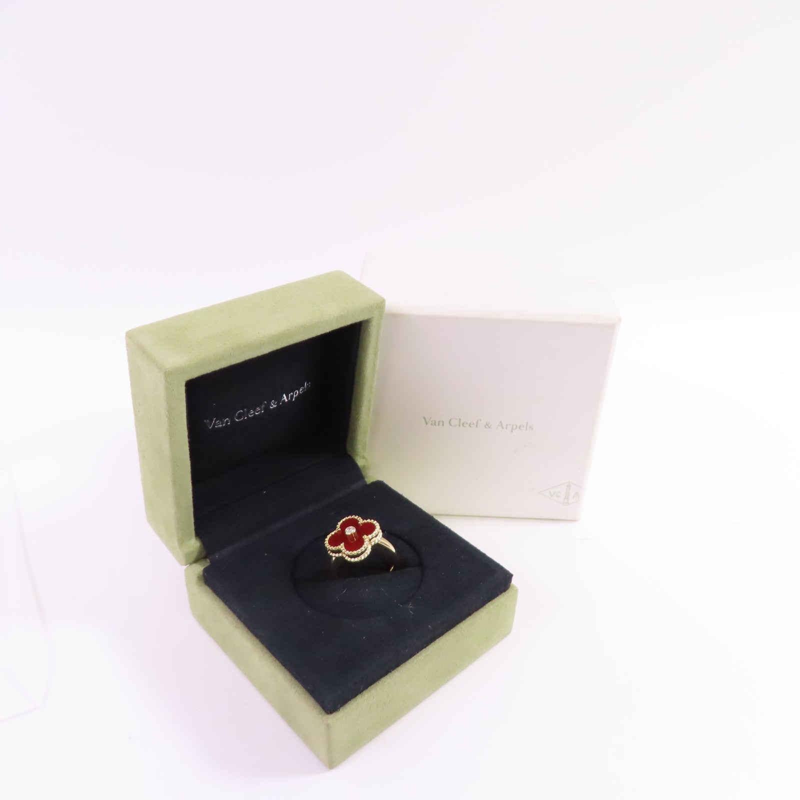 Van Cleef & Arpels 18K黃金/鑽石/紅玉髓Vintage Alhambra Ring#50/US#4.5