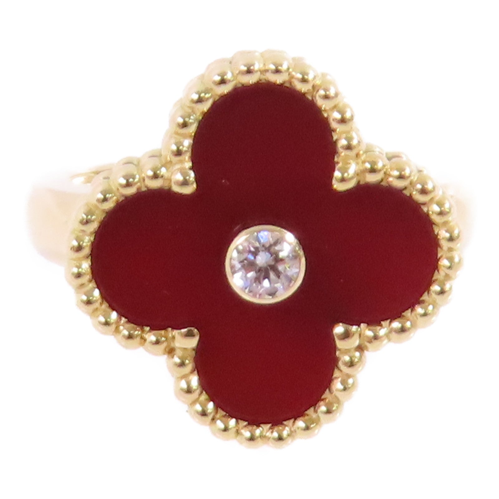 Van Cleef & Arpels 18K黃金/鑽石/紅玉髓Vintage Alhambra Ring#50/US#4.5