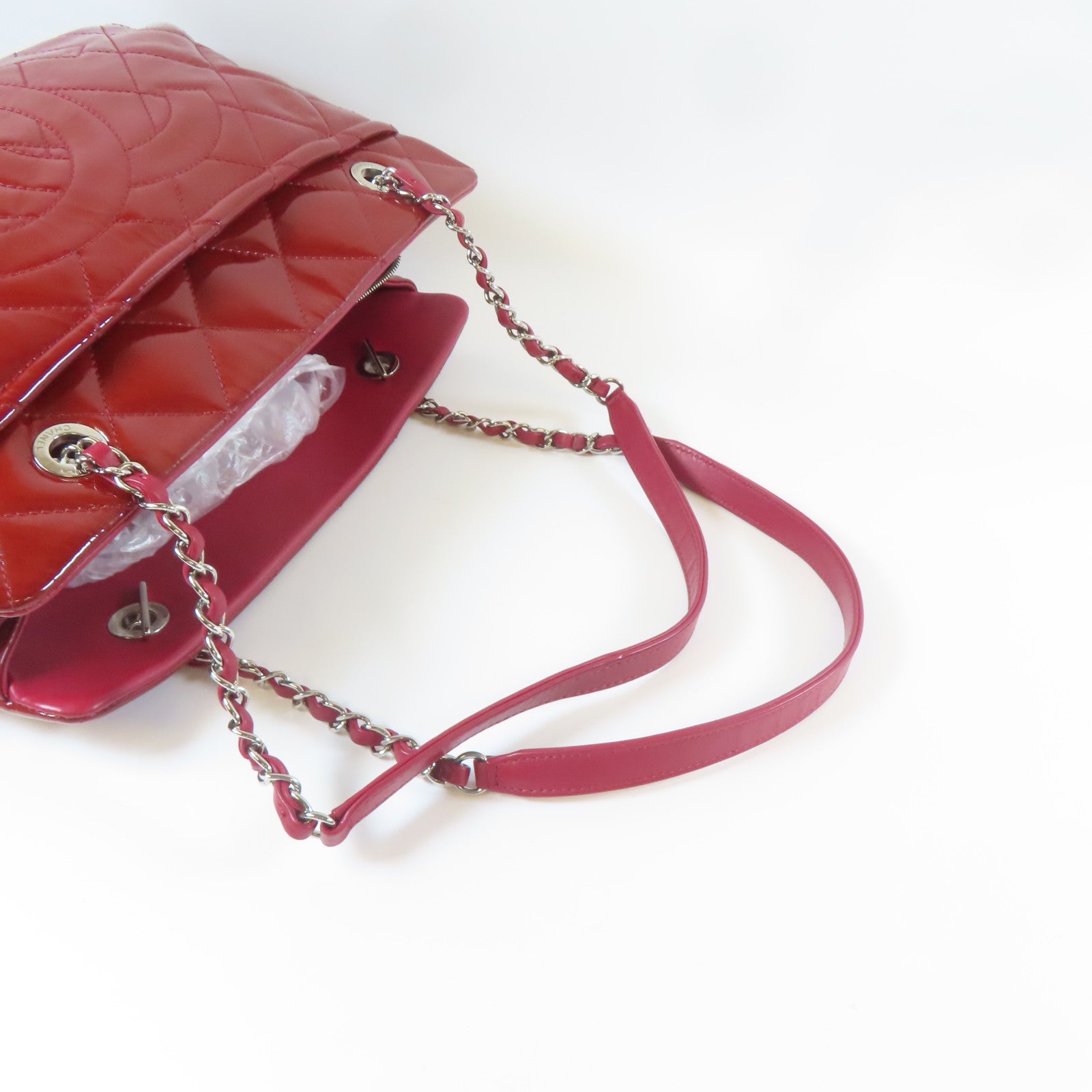CHANEL 【激減優惠】菱格漆皮皮革Chain Shoulder Tote銀扣鏈帶肩背袋紅色