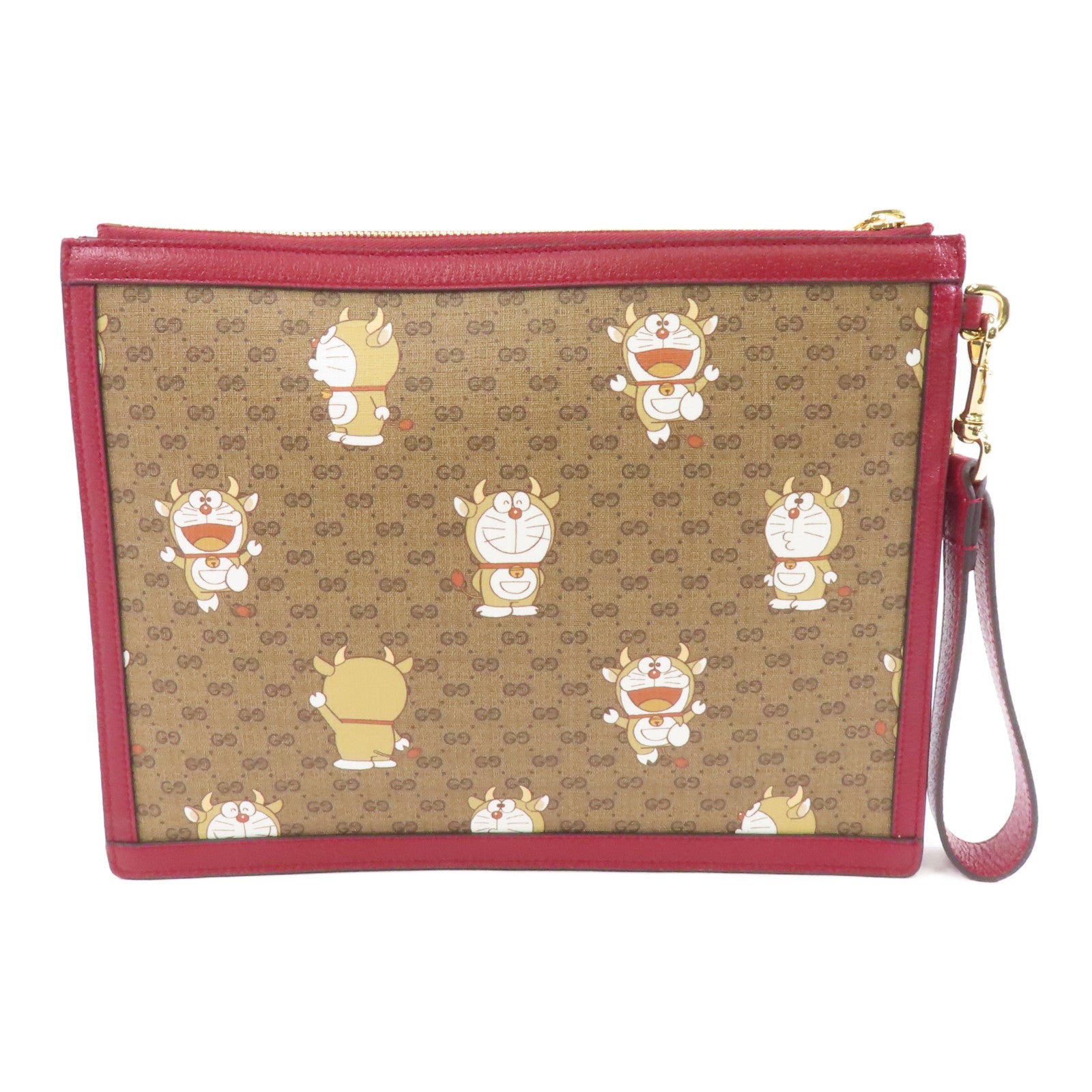GUCCI 【激減優惠】塗層帆布Gucci x Doraemon Clutch Bag金扣手拿包啡色/紅色