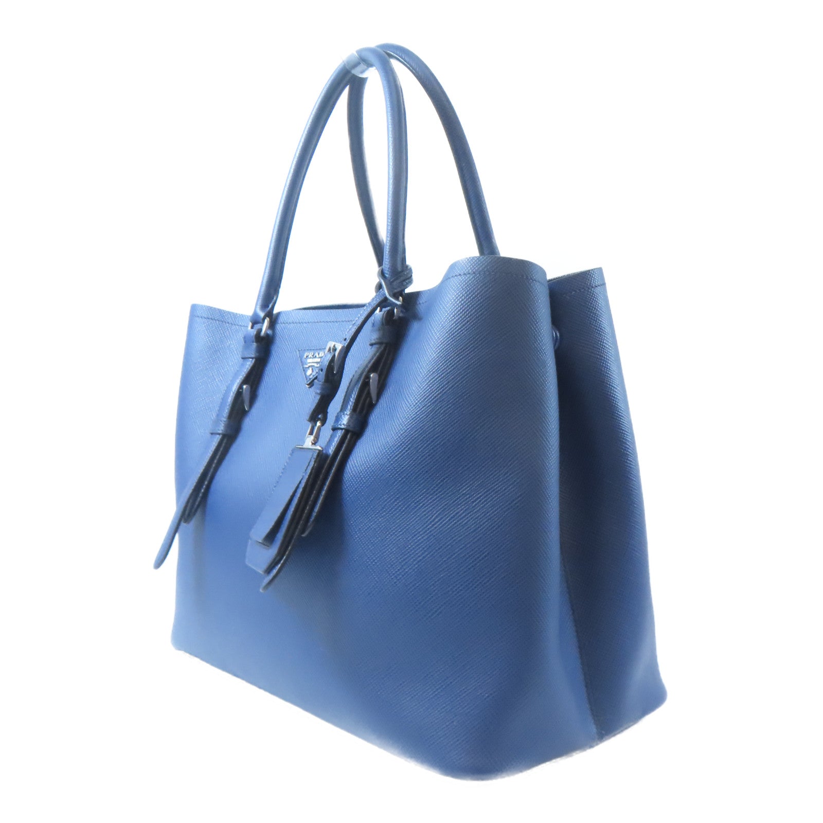PRADA 【激減優惠】Saffiano皮革Double Shoulder Bag銀扣手挽肩背兩用袋藍色
