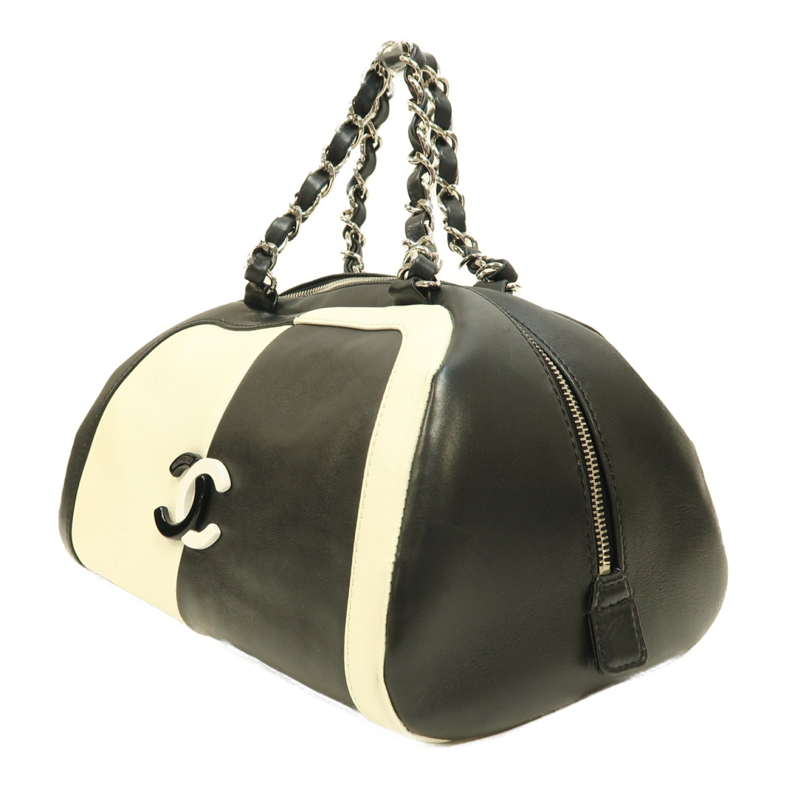 CHANEL 羊皮皮革Boston Bag銀扣手挽袋黑色/白色