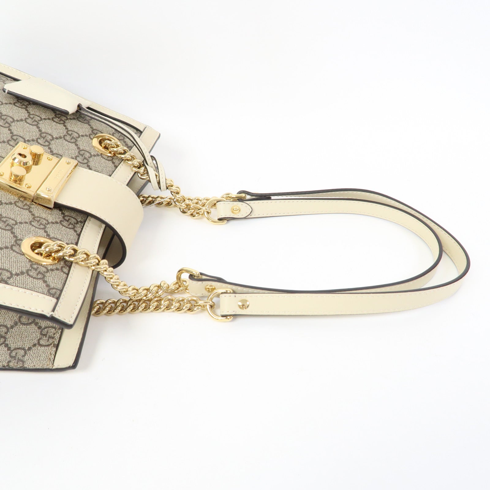 GUCCI 塗層帆布Padlock GG Small金扣鏈帶肩背袋啡色/白色