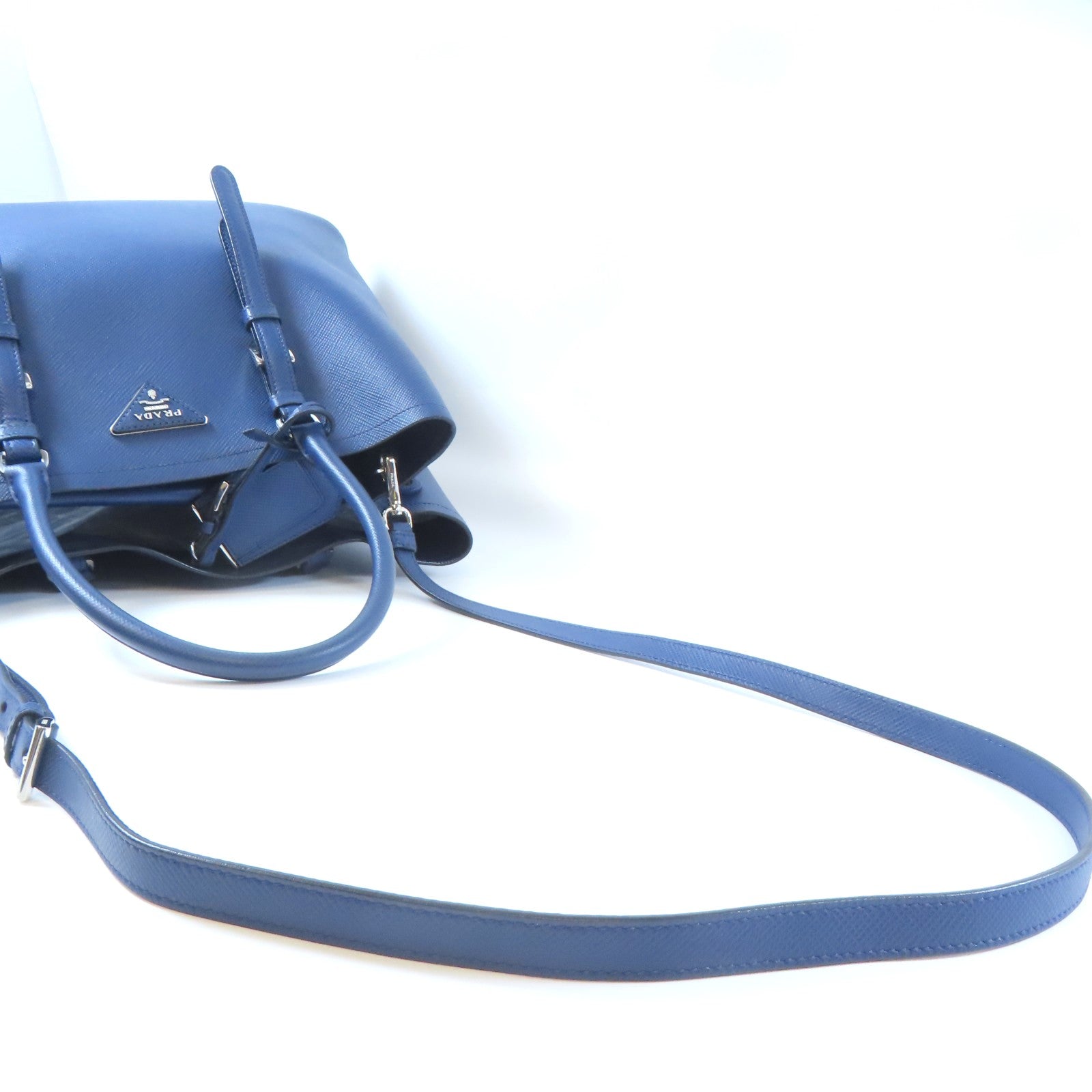 PRADA 【激減優惠】Saffiano皮革Double Shoulder Bag銀扣手挽肩背兩用袋藍色
