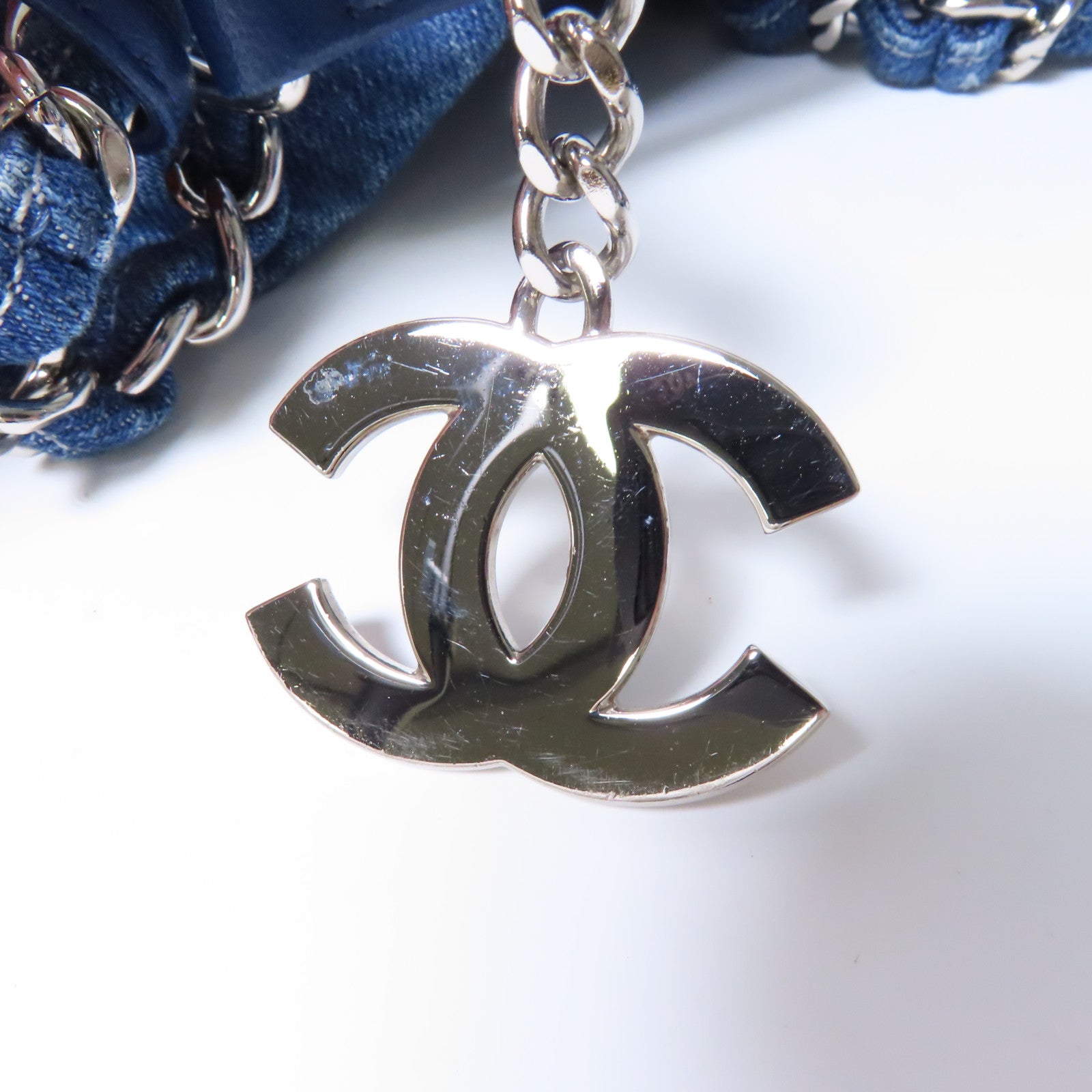 CHANEL 【激減優惠】牛仔布Tote Bag銀扣鏈帶手挽袋藍色