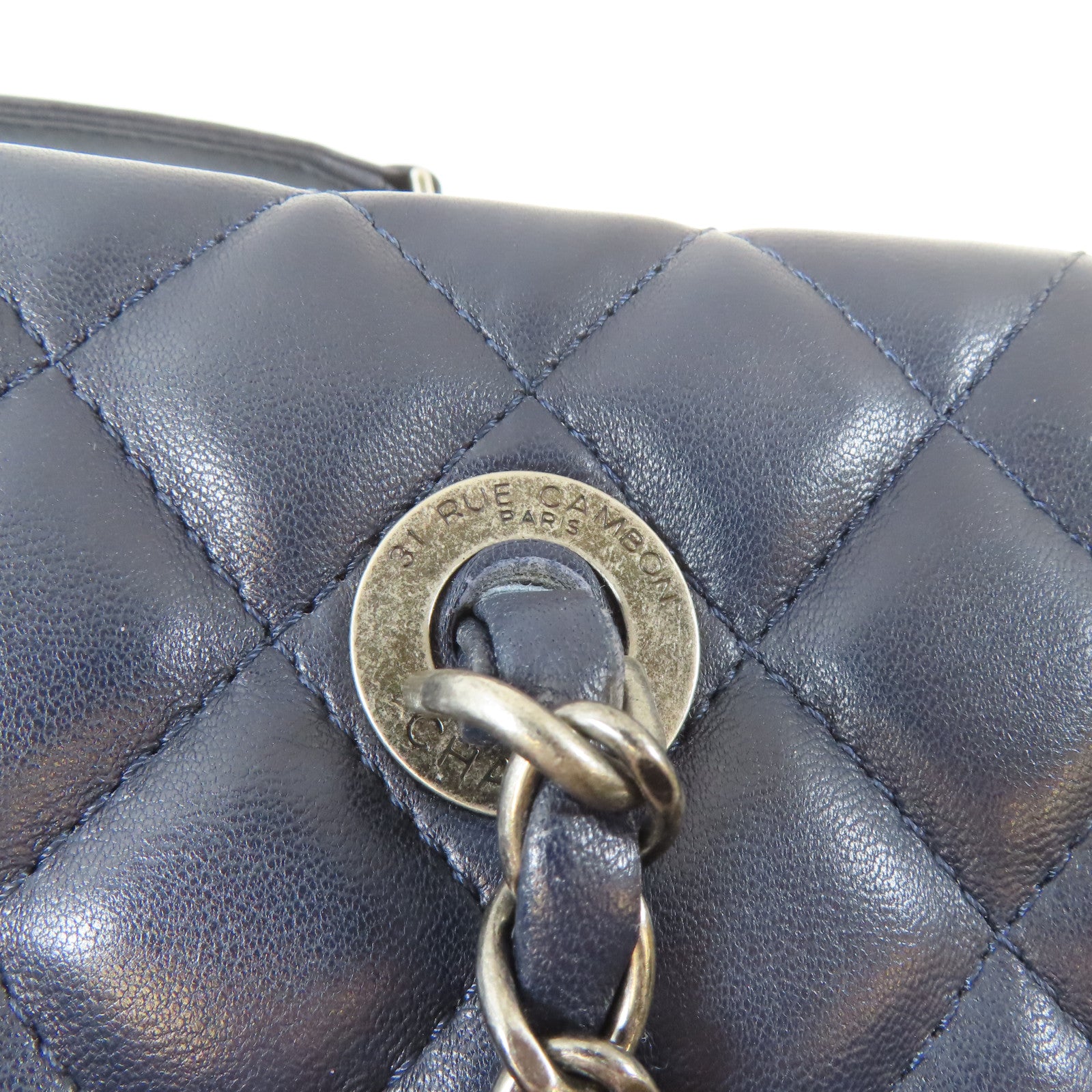 CHANEL 【激減優惠】菱格牛皮皮革Tote Bag黑扣鏈帶肩背袋深藍色