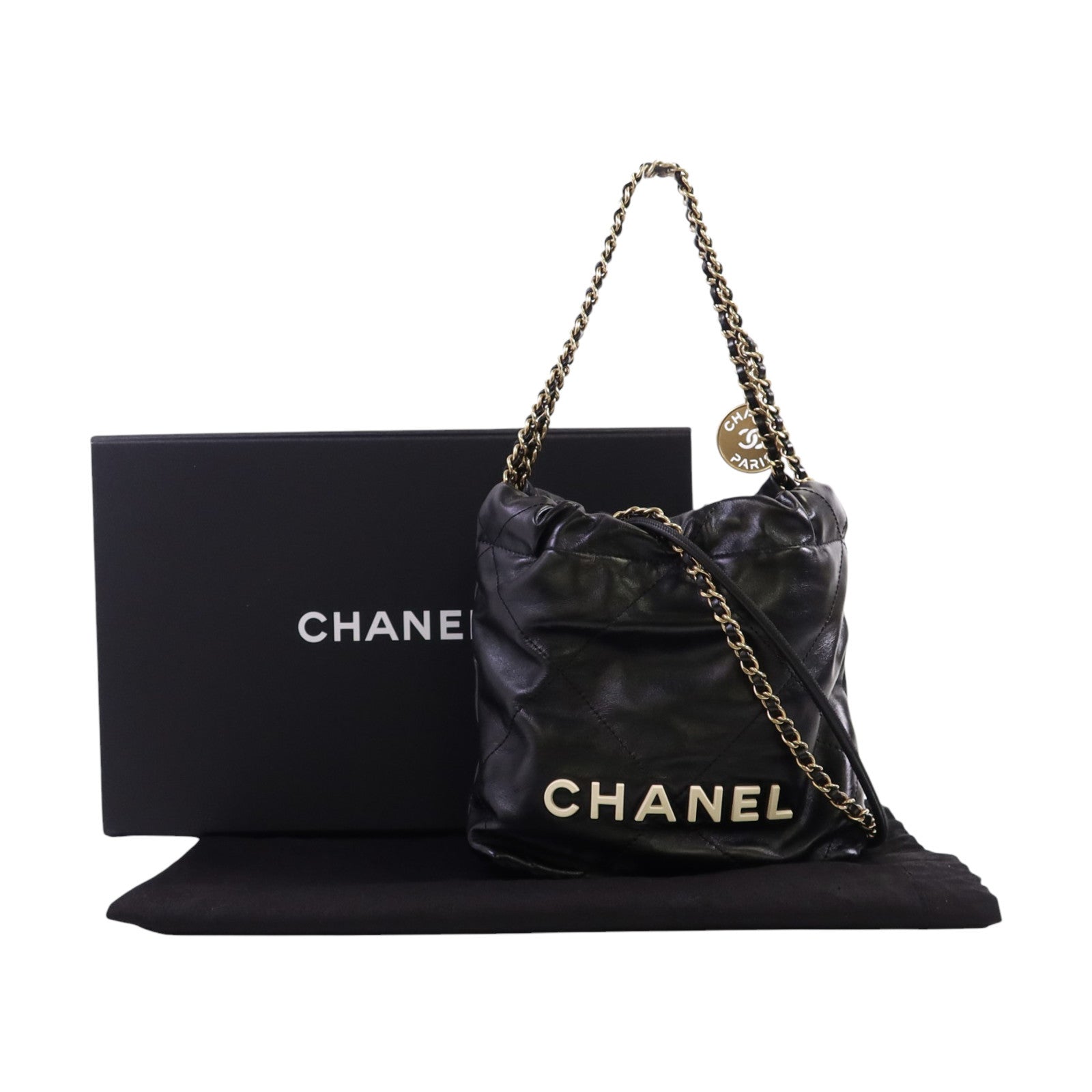 CHANEL 牛皮皮革Mini 22金扣鏈帶手挽肩背兩用袋
