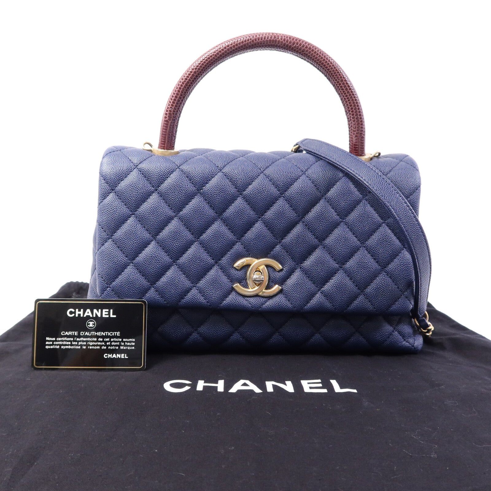 CHANEL 牛皮/蜥蜴皮革Coco Handle Medium金扣手挽肩背兩用袋