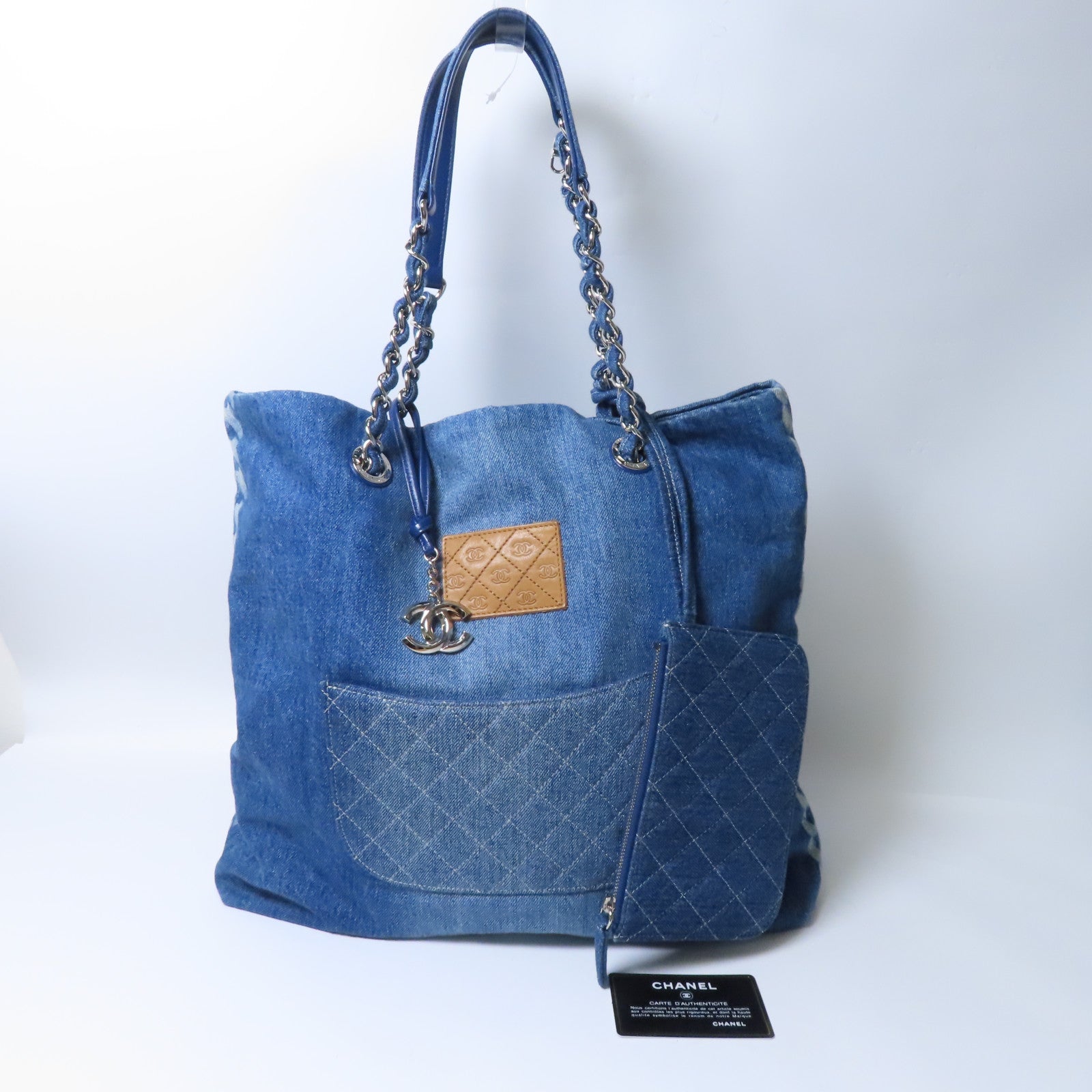 CHANEL 【激減優惠】牛仔布Tote Bag銀扣鏈帶手挽袋藍色
