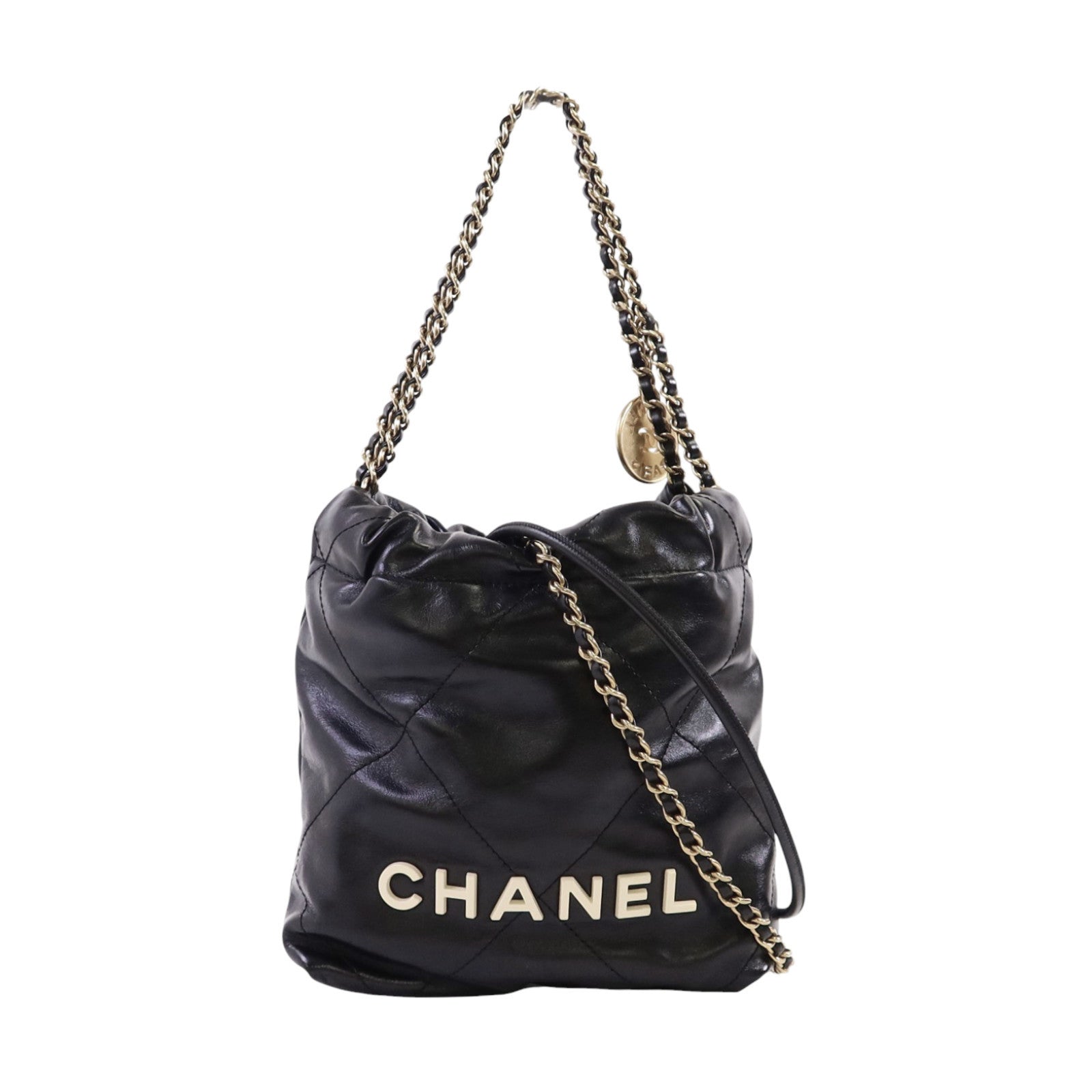 CHANEL 牛皮皮革Mini 22金扣鏈帶手挽肩背兩用袋