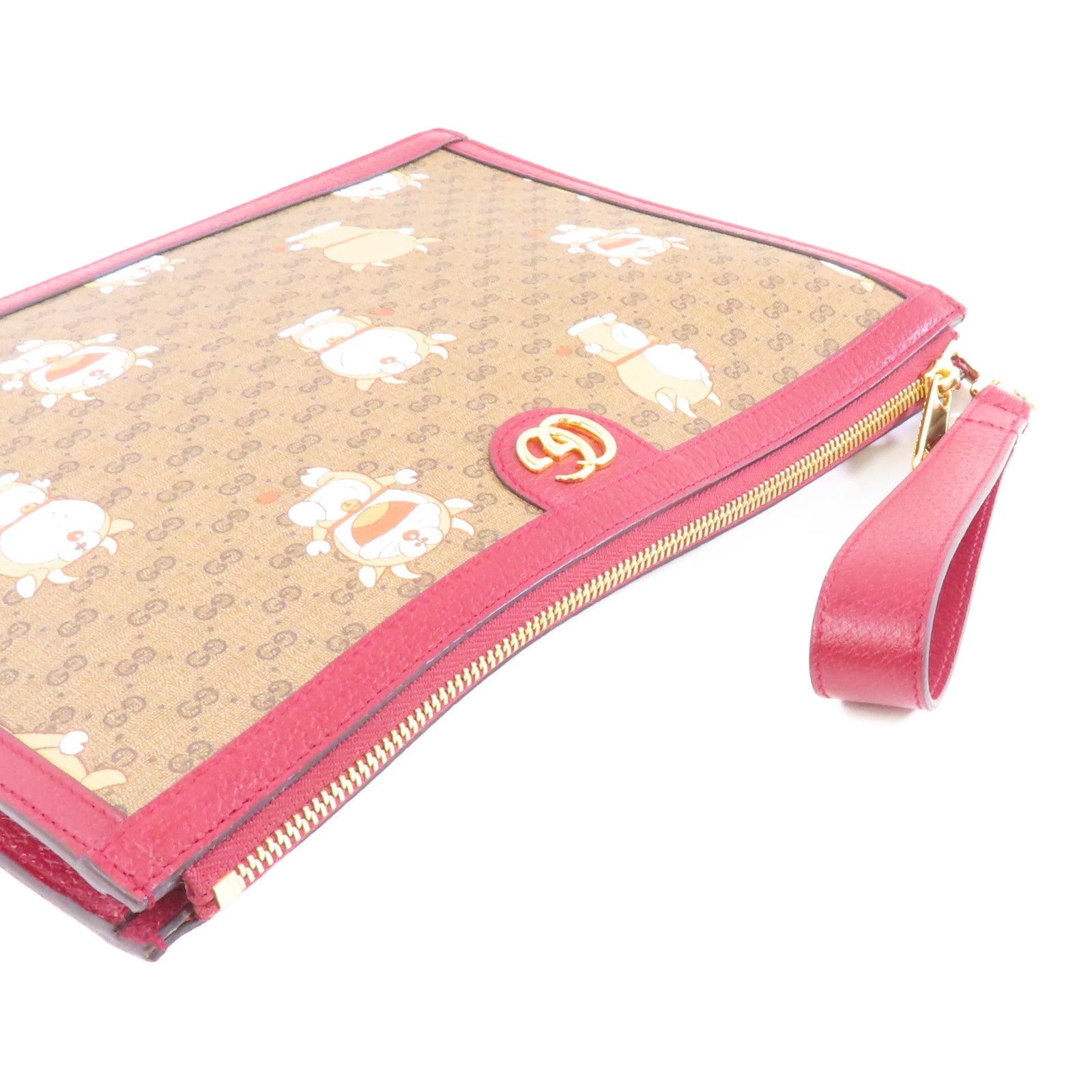 GUCCI 【激減優惠】塗層帆布Gucci x Doraemon Clutch Bag金扣手拿包啡色/紅色