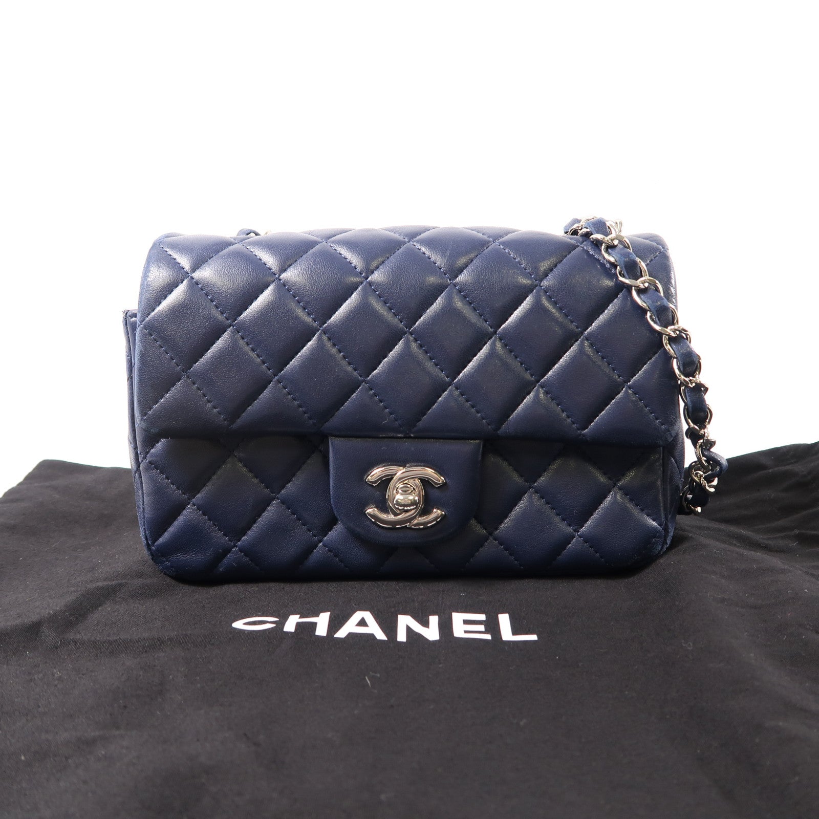 CHANEL 菱格羊皮皮革Classic 20銀扣鏈帶肩背袋深藍色
